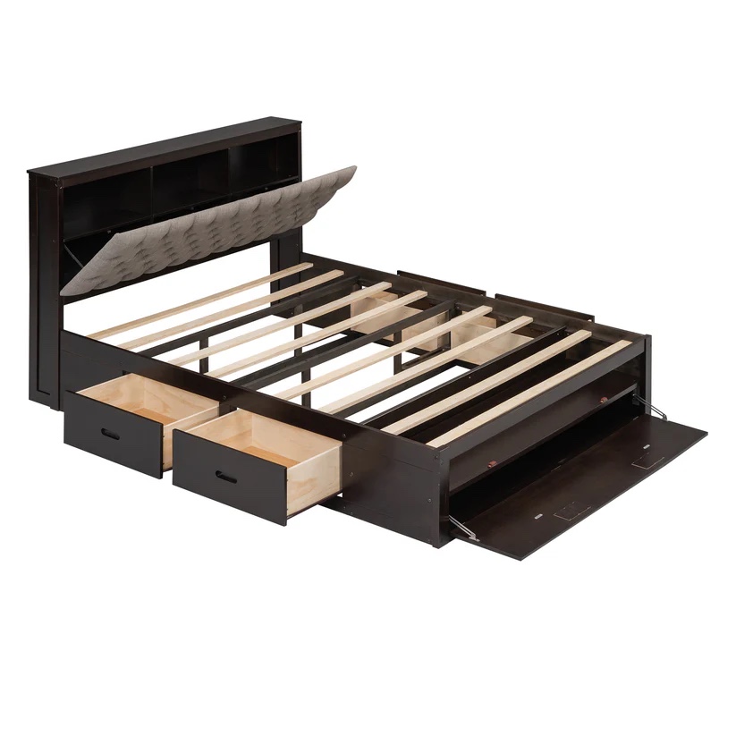 SEE DESCRIPTION Wood Queen Size Platform Bed With Storage Headboard, Shoe Rack And 4 Drawers,Espresso Box Spring Not Required Queen Espresso Wood Bedroom Bed Frame Solid Wood Mdf WF320024AAD