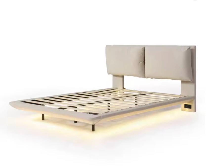 SEE DESCRIPTION Queen Size Upholstered Platform Bed with Sensor Light, 2 Large Backrests, USB Ports and Sockets on Each Bed Leg, Beige WF312196AAA