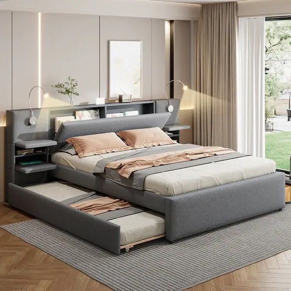 SEE DESCRIPTION Queen Upholstered Platform Bed with Reading Lights & Storage – Gray Modern Bed Frame with Built-In Drawers, Trundle, and Shelves for Bedroom N737P218694E