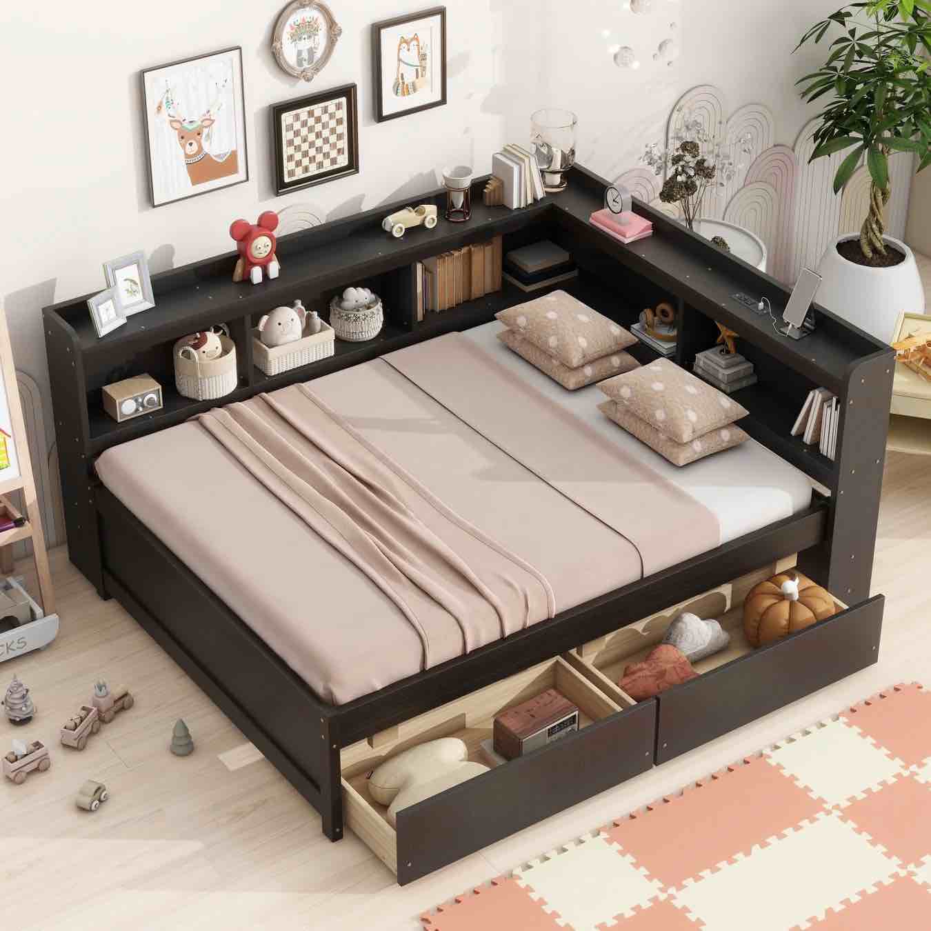 Full Size Daybed with Drawers, Solid Wood Corner Bed Frame with L-Shaped Bookcase, Multifunctional Sofa Bed with Power Outlets and USB Charging Ports, Espresso W504P252095
