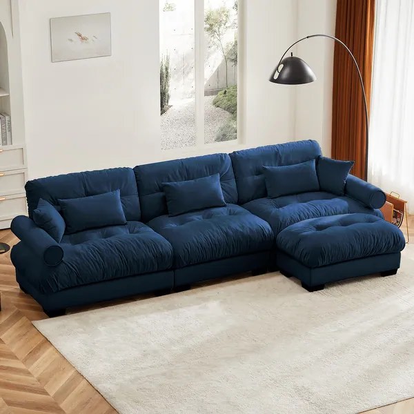 SEE DESCRIPTION Luxury Deep Seat Cloud Couch, Oversized Modular Velvet Sectional Sofa Couch with Movable Ottoman, Blue W714P293430