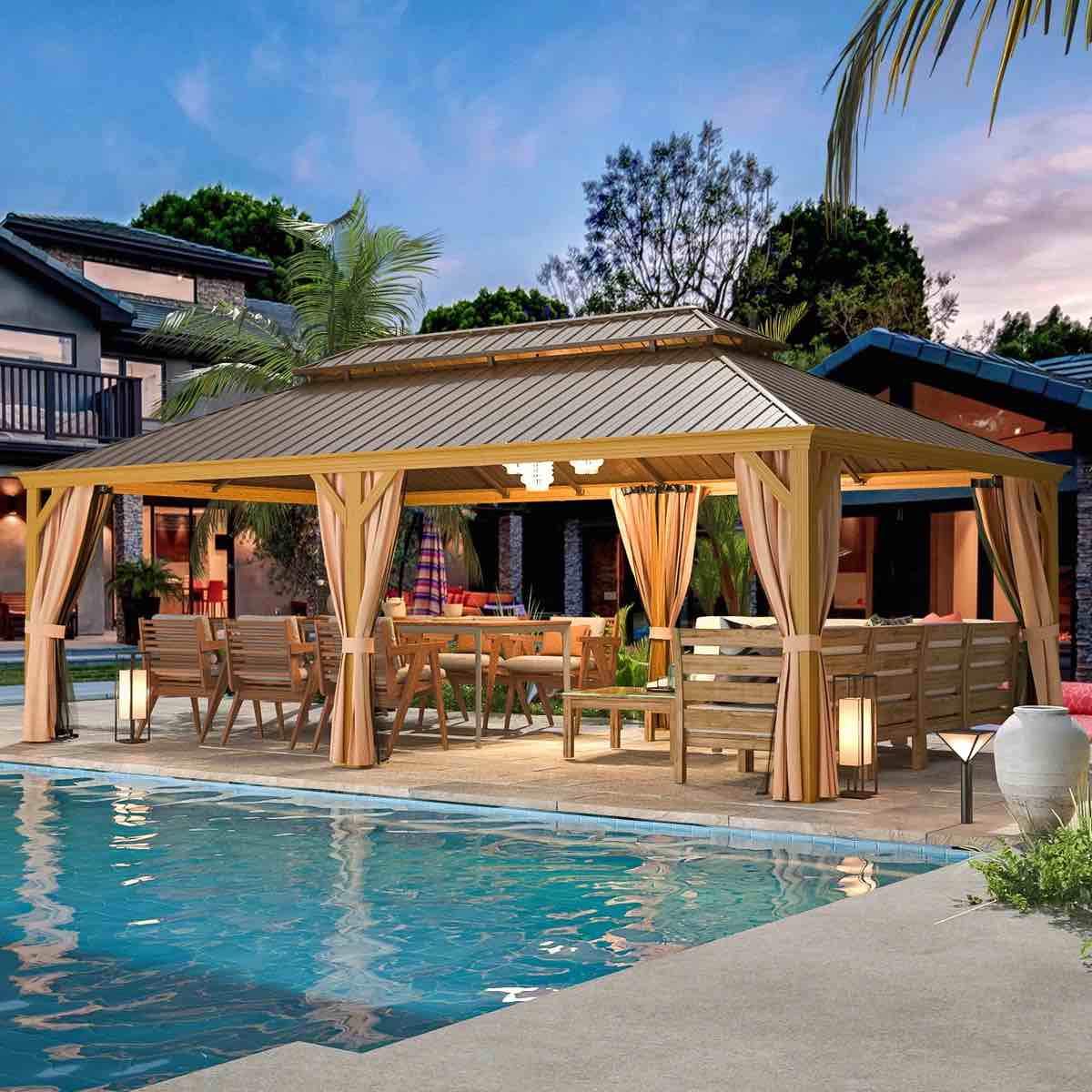 SEE DESCRIPTION 14 Ft. W X 24 Ft. D Pro Series Aluminum Patio Gazebo, Premium Gazebo?Hardtop Gazebo Curtain and Netting for Patio, Lawn and Garden, Brown By EROMMY