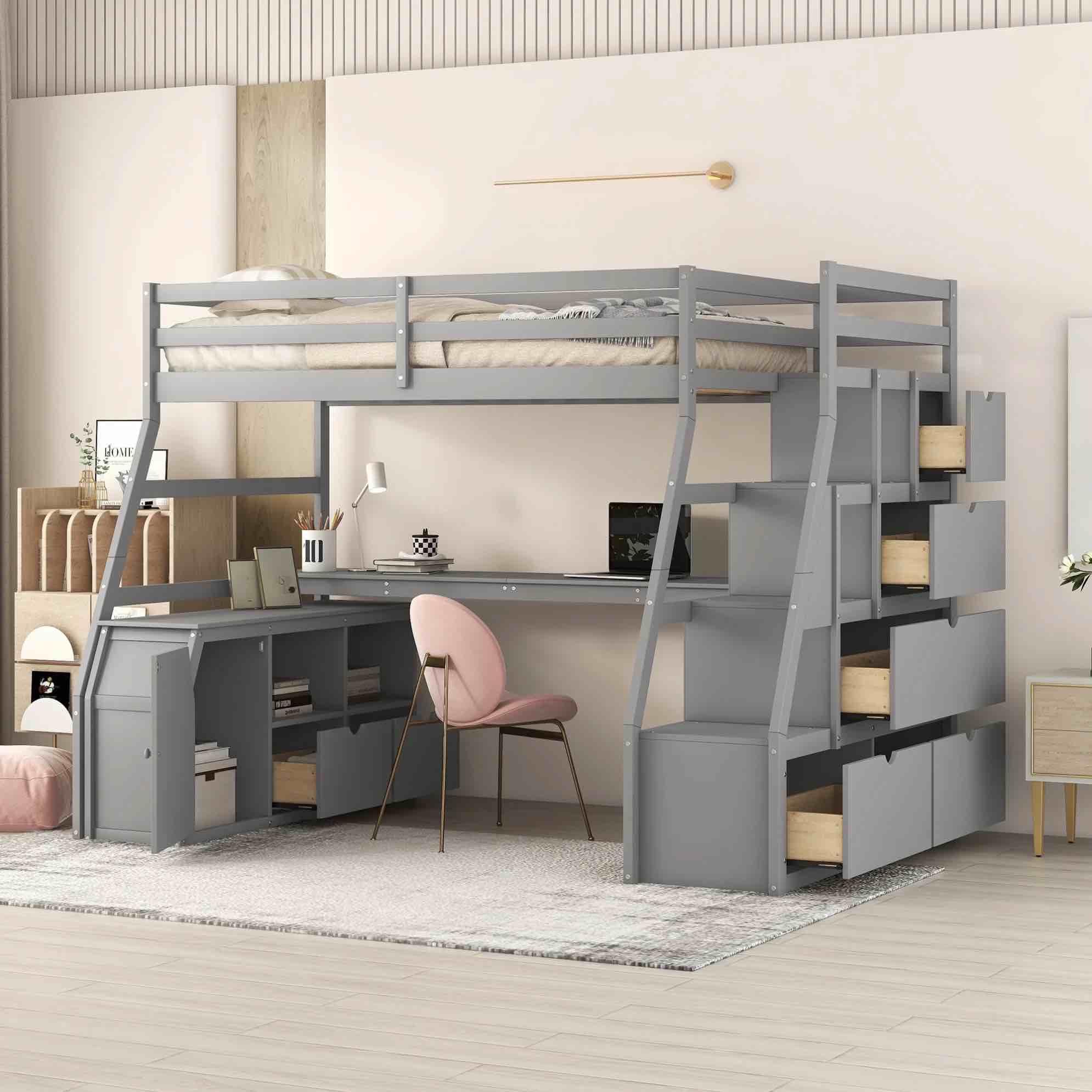 SEE DESCRIPTION Twin Loft Bed with Desk and Stairs, Wood Loft Beds with Cabinet and 7 Drawers and 2 Shelves High Loft Bed Frame with Step for Kids, Juniors, Teen, Boys, Girls, Grey WF297718AAE