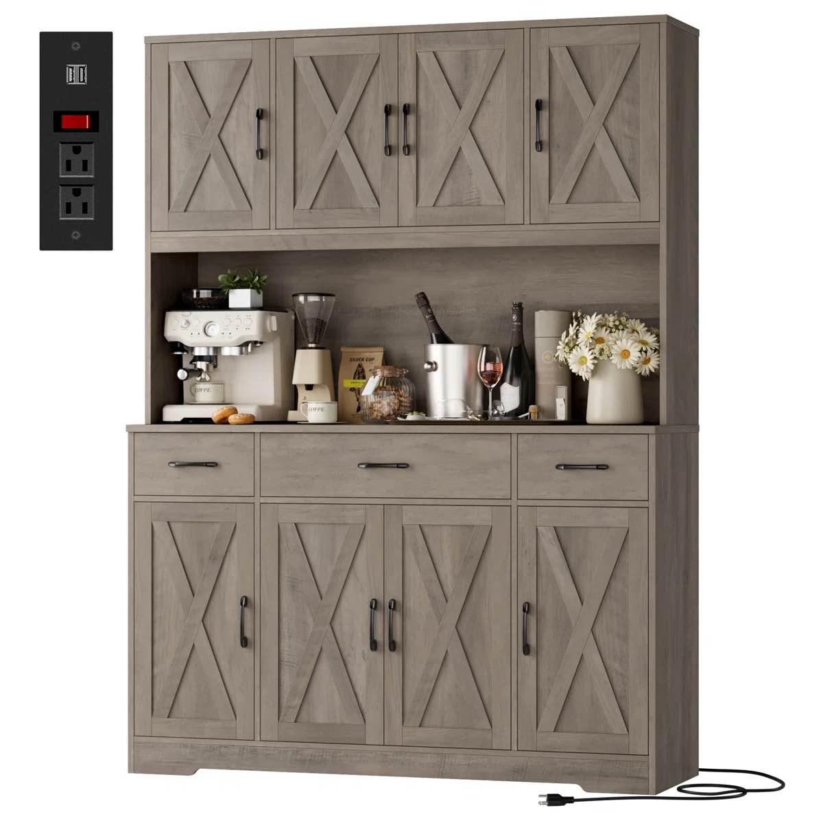 SEE DESCRIPTION Frostia 70.9"H Kitchen Pantry With Charge Station, 55.1"W Farmhouse Style Pantry Cabinet with Microwave Shelf & Adjustable Shelves By Gracie Oaks