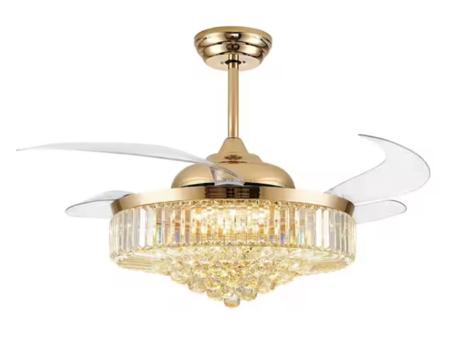 Modern 52 in. Smart Indoor Gold Crystal Retractable Invisible Chandelier Ceiling Fan with Dimmable Integrated LED by Pacific Core LL-8111-52G