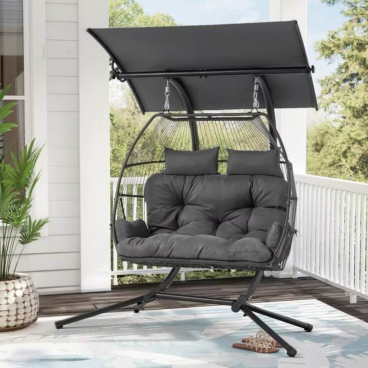 Double Egg Chair Outdoor with Stand & Adjustable Canopy, Extra Large 2 Person Patio Egg Chair with Leg Rests, Hanging Swing Chair with Thickened Cushion, Swinging Love Seat for Outdoor Patio (Dark Grey)