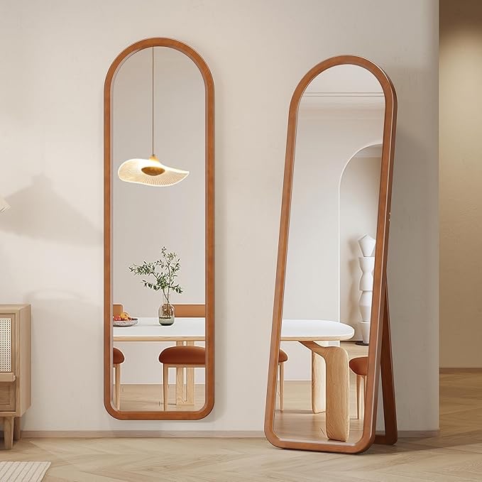 Solid Wood Arched Full Length Mirror, 63"*18" Arch Full Body Mirror with Wooden Frame, Free Standing or Wall-Mounted for Bedroom, Living Room