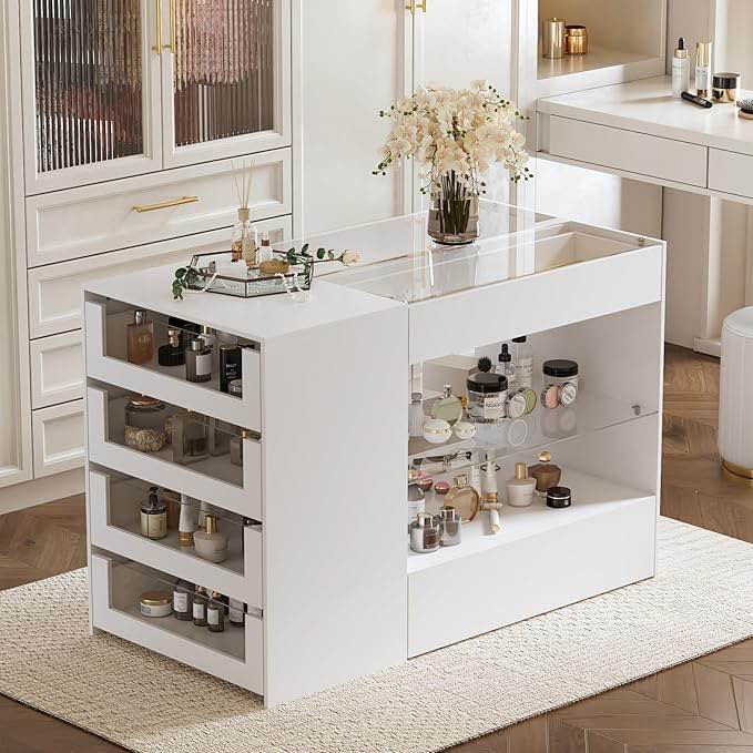 Closet Island with Glass Top & 8 Drawers for Walk in Closet, Jewelry Display Cabinet Island with Glass Shelf, for Store Dressing Room