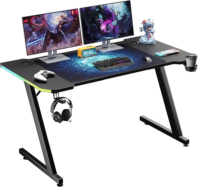 Gaming Desk with LED Lights, 55 inch Z Shaped Computer Desk Gaming Table PC Gamer Workstation