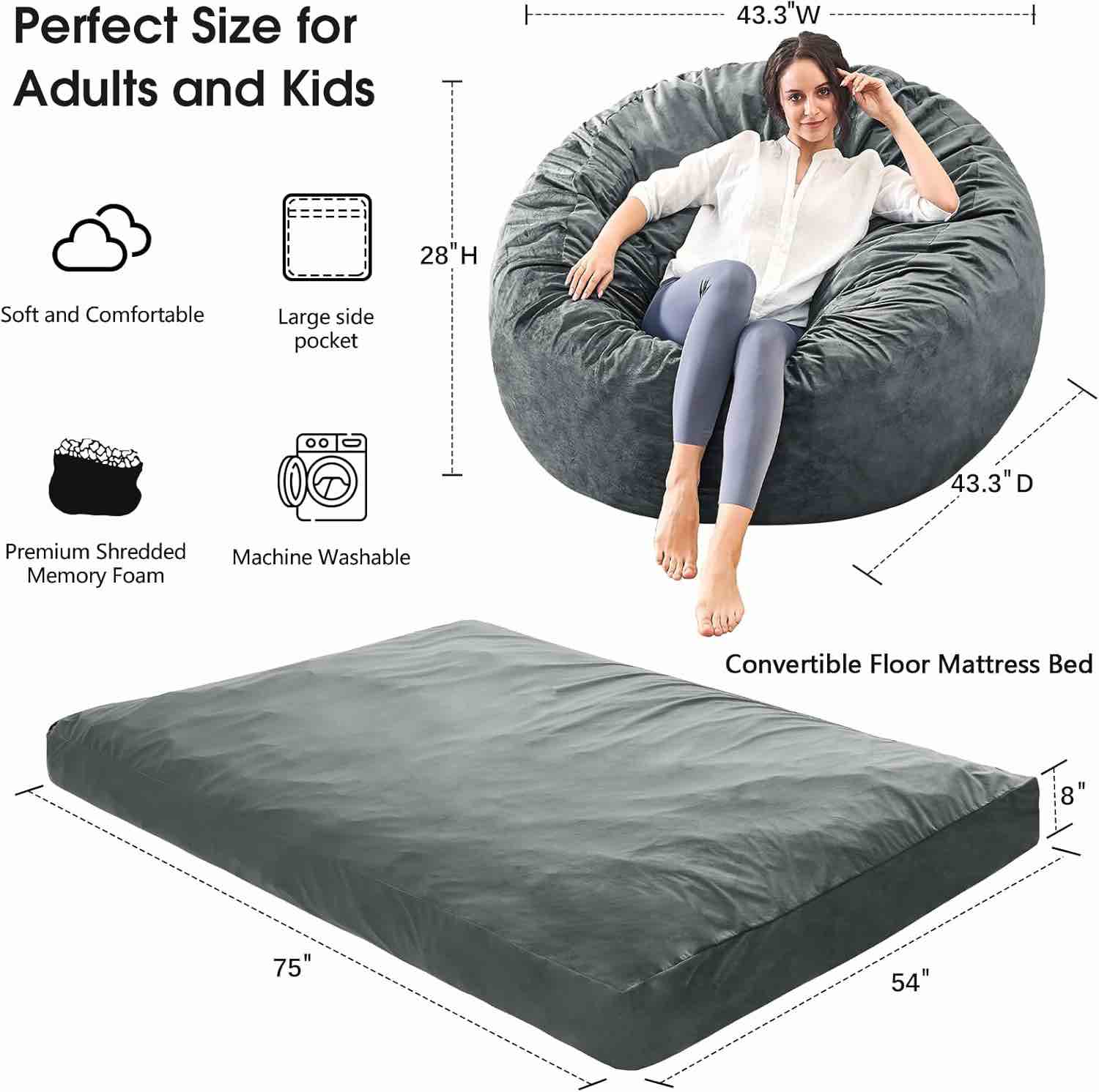 Bean Bag Chairs for Adults - Giant Bean Bag Chair Convertible Bean Bag Bed - Beanbag Chair with Micro Fiber Cover/Furniture Foam Filler - Floor Couch Sofa in Bedroom Dorm Room - Full size Charcoal