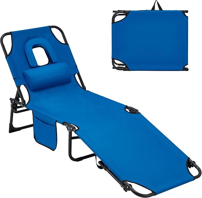 5-Fold Lounge Chair, Outdoor Tanning Chair with Face Hole, Support 450lbs, Non-Slip Foot & Portable Handle, 2 Function Pockets Portable Chaise for Beach, Patio, Blue