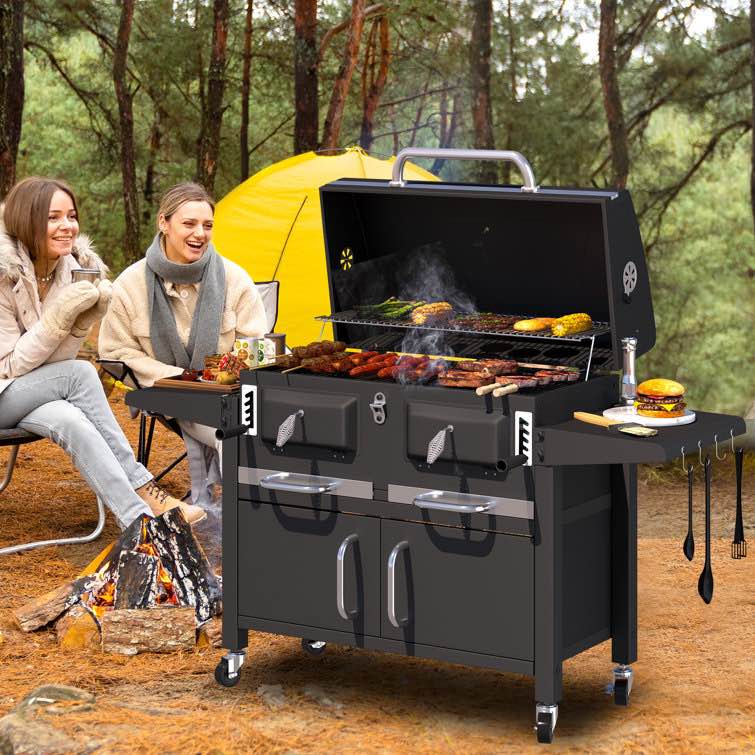 37.8" Dual Zone Charcoal Bbq Grill With Adjustable Charcoal Trays And 2 Foldable Side Table (Part number: SCOT158BK)   