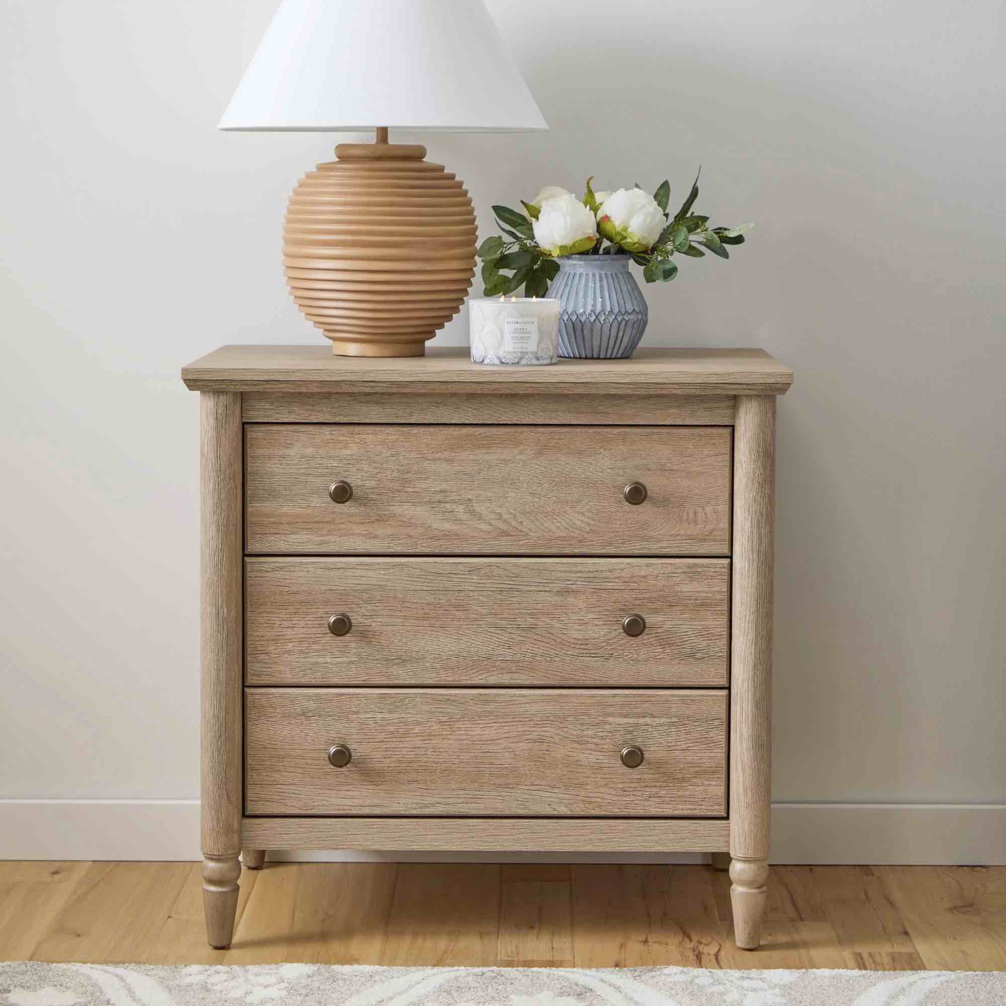 My Texas House Monroe 3 Drawer Nightstand with USB, Brushed Oak Finish