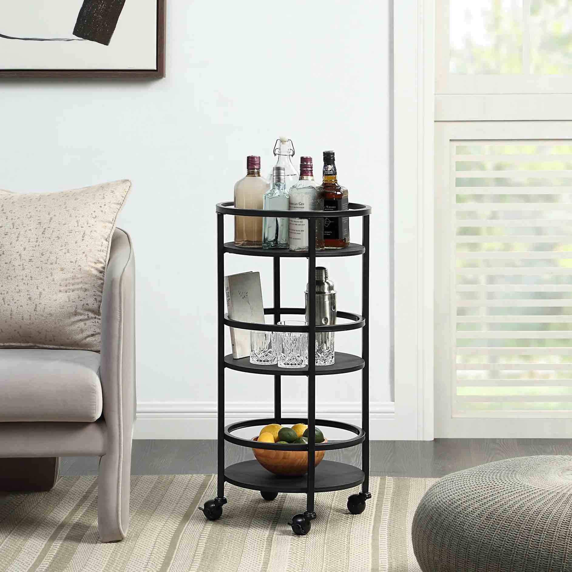 Mainstays 3-Tier Rolling Round Kitchen Storage Bar Cart, Black
