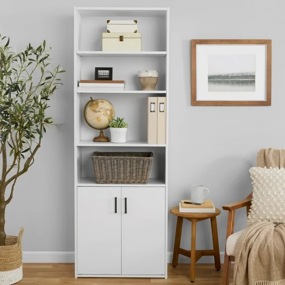 Mainstays 436809 Traditional 5 Shelf Bookcase with Doors, Soft White