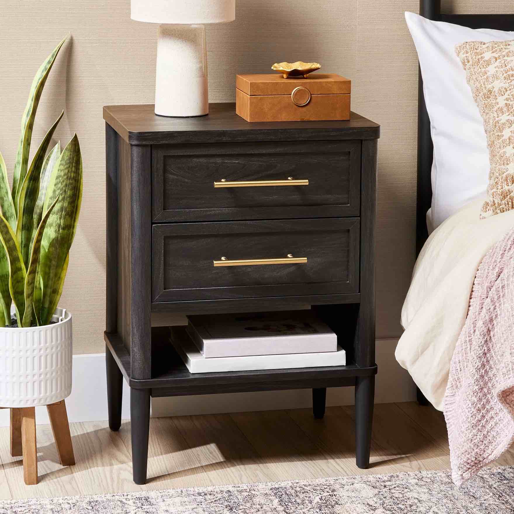 Better Homes & Gardens Oaklee 2-Drawer Nightstand, Charcoal Finish
