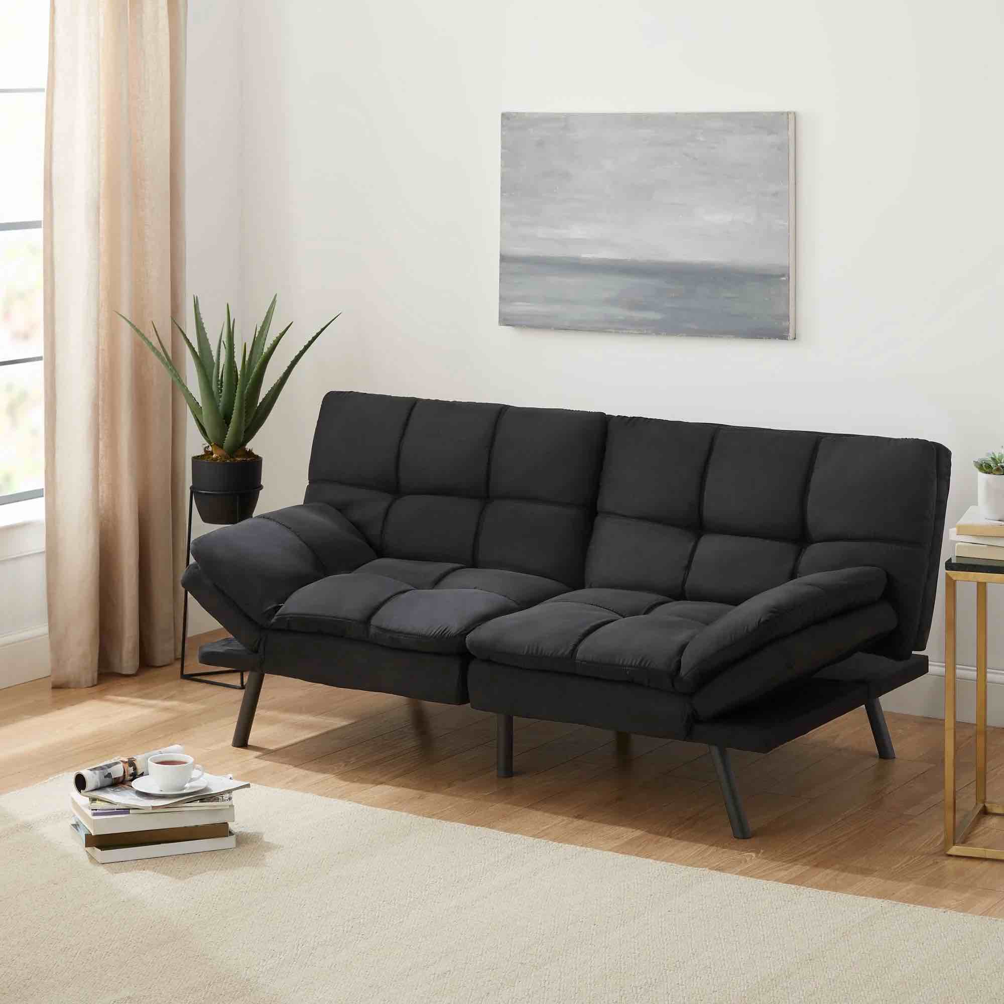 Memory Foam Futon, Memory foam futon with foldable armrest, Black 