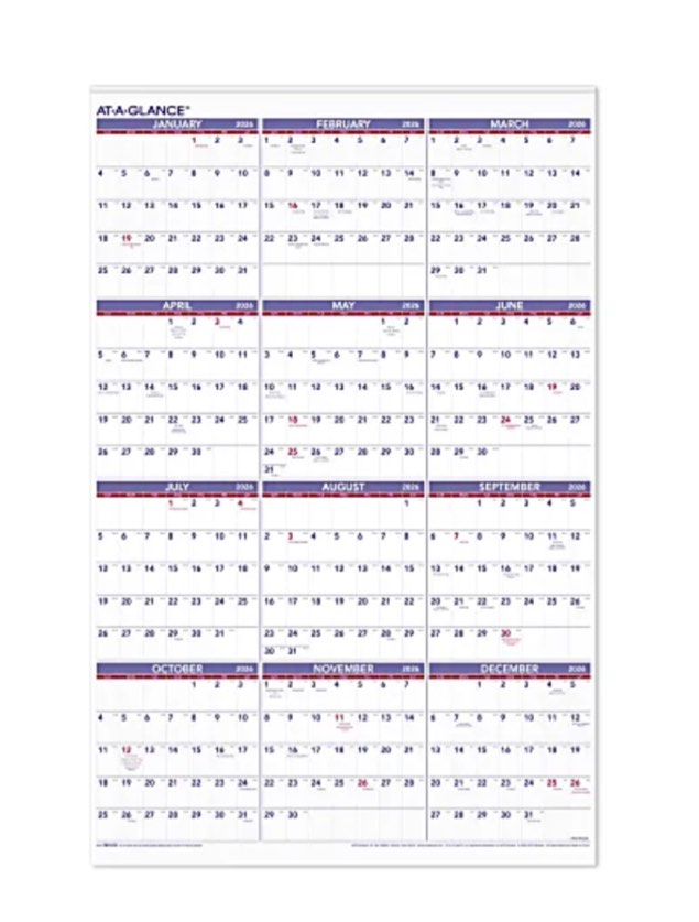 AT-A-GLANCE 2026 Wall Calendar, Monthly, 24" x 36", Extra Large, Paper (PM122826)
