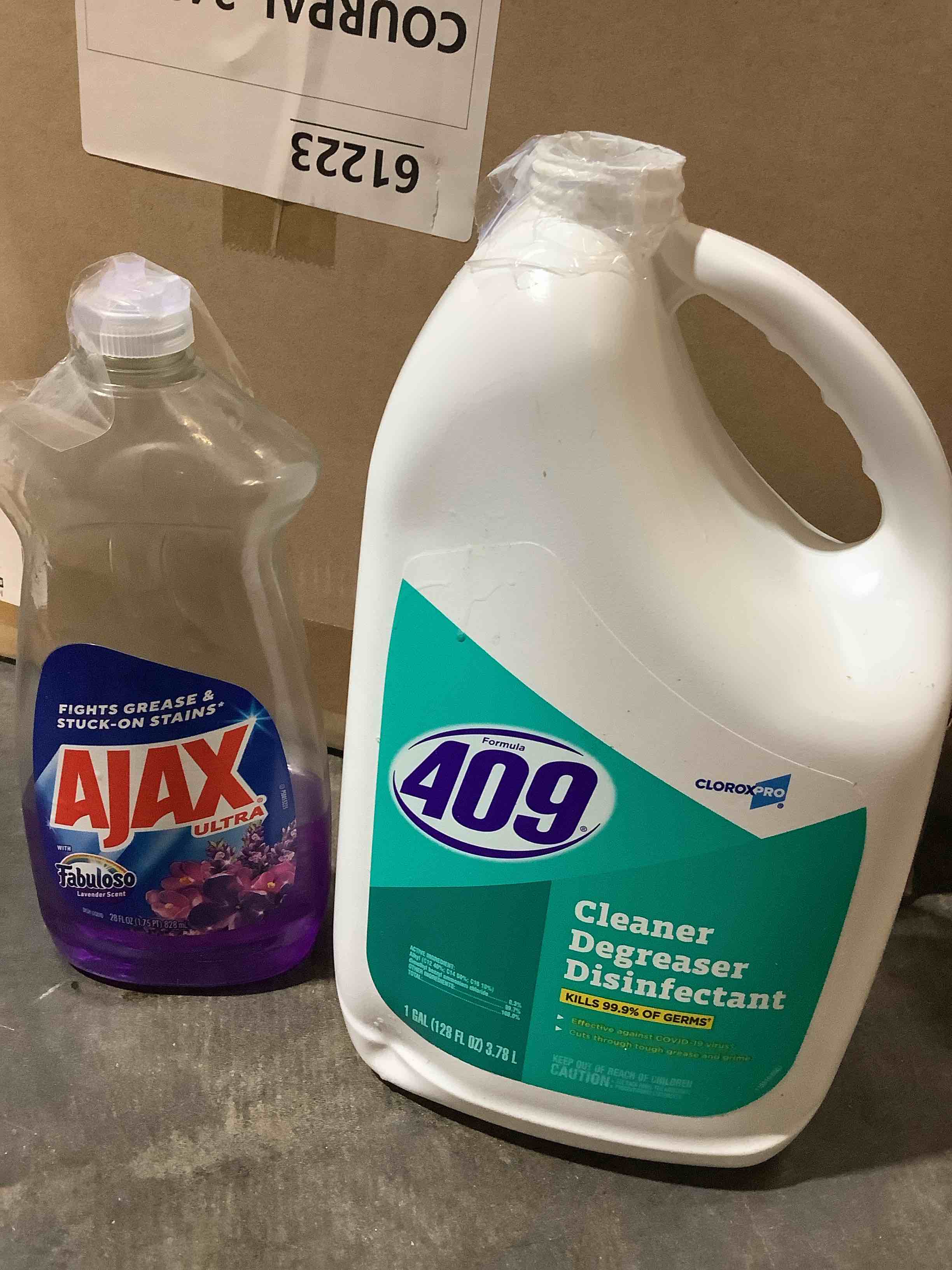 409 cleaner and Ajax ultra dish soap, open container 