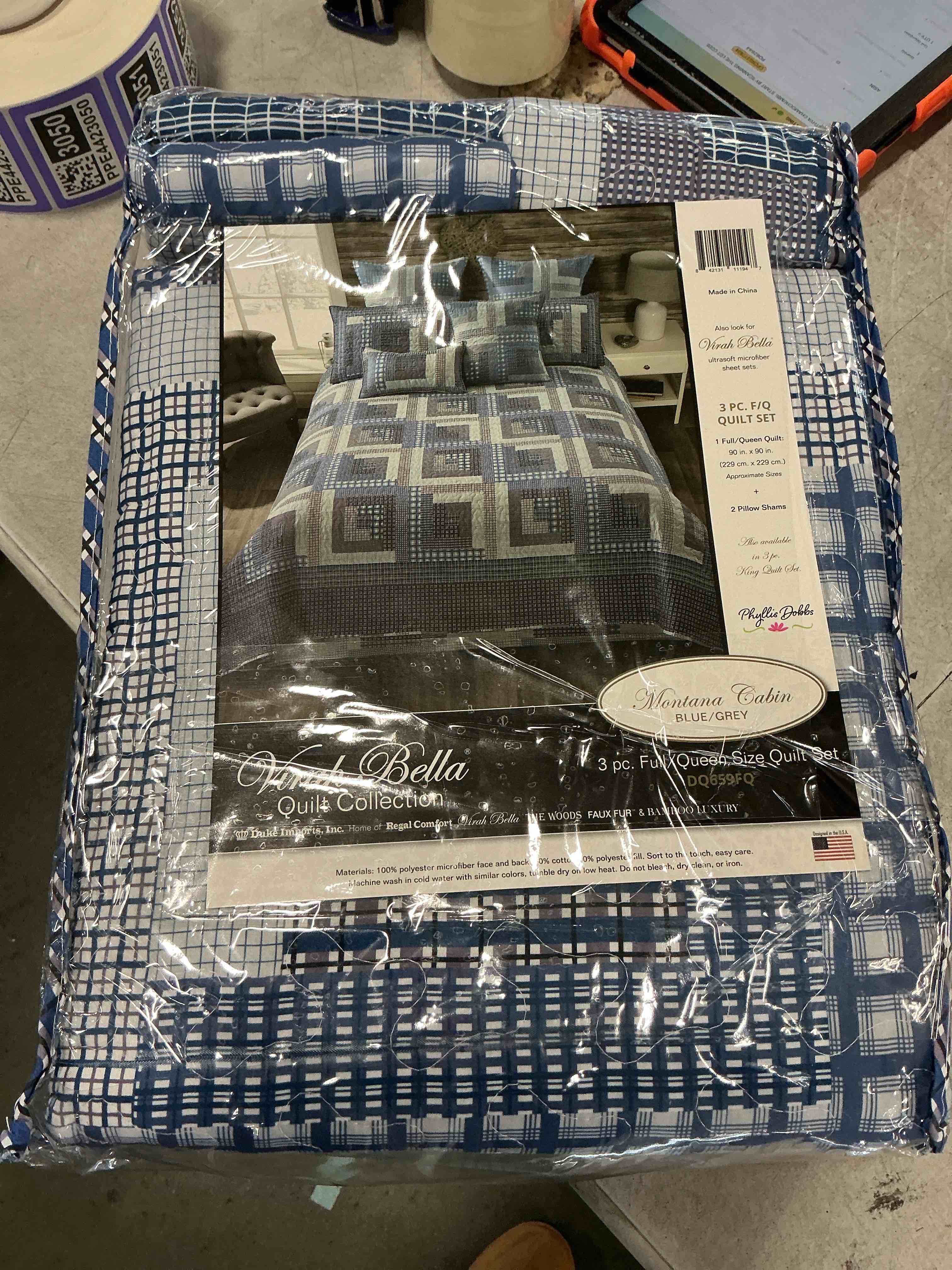 Condition photo showing New/Like New for Virah Bella 2 Piece Full/Queen Lodge Quilt Bedding Set - Rustic Country Reversible Comforter Set with Decorative Pillow Shams - Montana Cabin: Blue/Gray