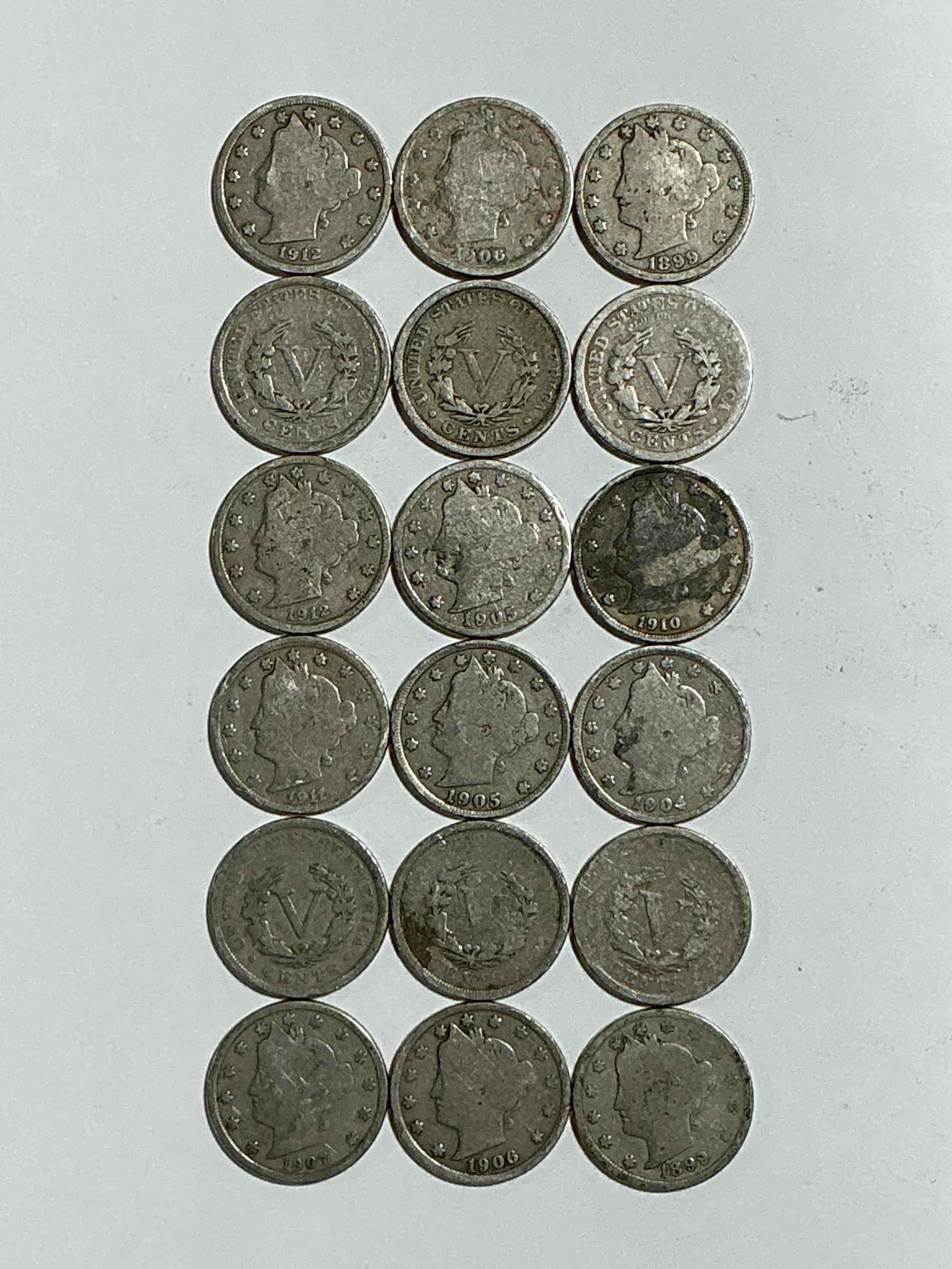 Condition photo showing Good Condition for Antique U.S. V Nickels! Think Of The History These Coins Have Seen!, Liberty Head V Nickels Were Minted Up Until 1913 & Were The Style Of Nickels Before Buffalo Nickels. Own Some Cool Pieces Of History! Rare To See These Coins With The "Date On" In Circulated Condition!