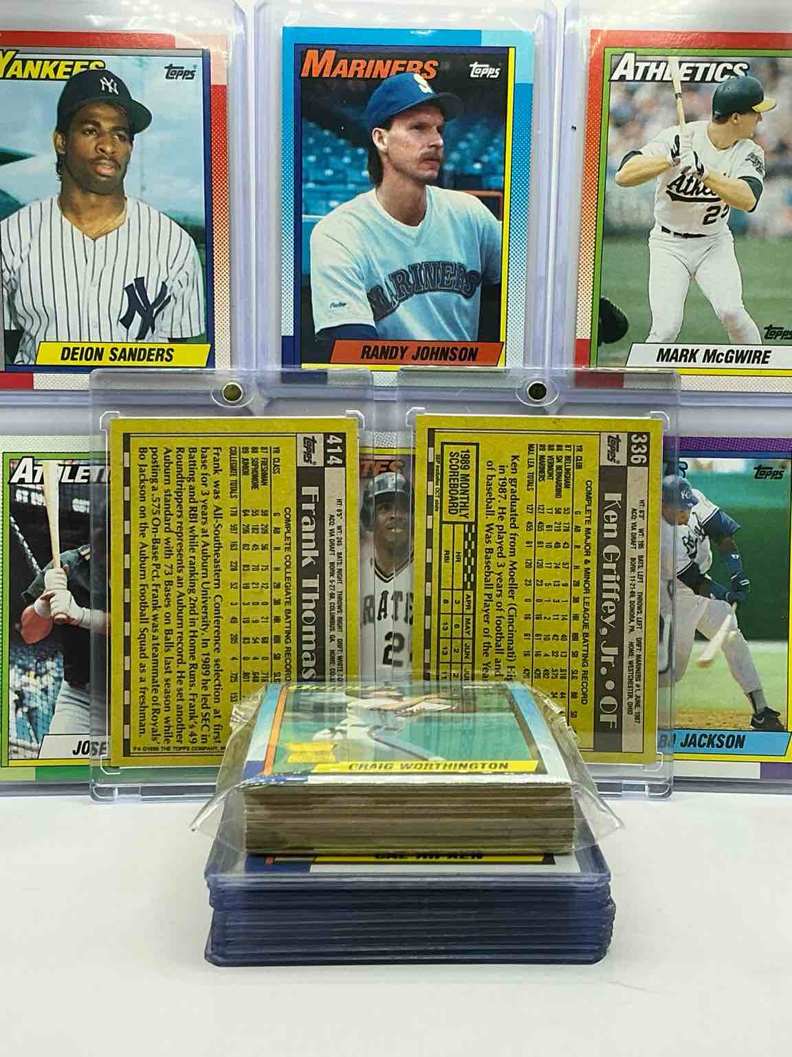 Condition photo showing New/Like New for Randy Johnson & John Smoltz Rookies! 1989 Topps Baseball 50 Card Craziness! Bo Jackson, Randy Johnson, Barry Bonds, John Smoltz, Kirby Puckett, Tom Glavine, Rickey Henderson, Don Mattingly, Cal Ripken, Wade Boggs, Doc Gooden, Greg Maddux, Fernando Valenzuela, Nolan Ryan, Roger Clemens, George Brett, Tony Gwynn & More! The BEST Players From The Time! Super Rare Set With All Of These Stars! 50 Card Craziness! Legends, Heroes & Commons!