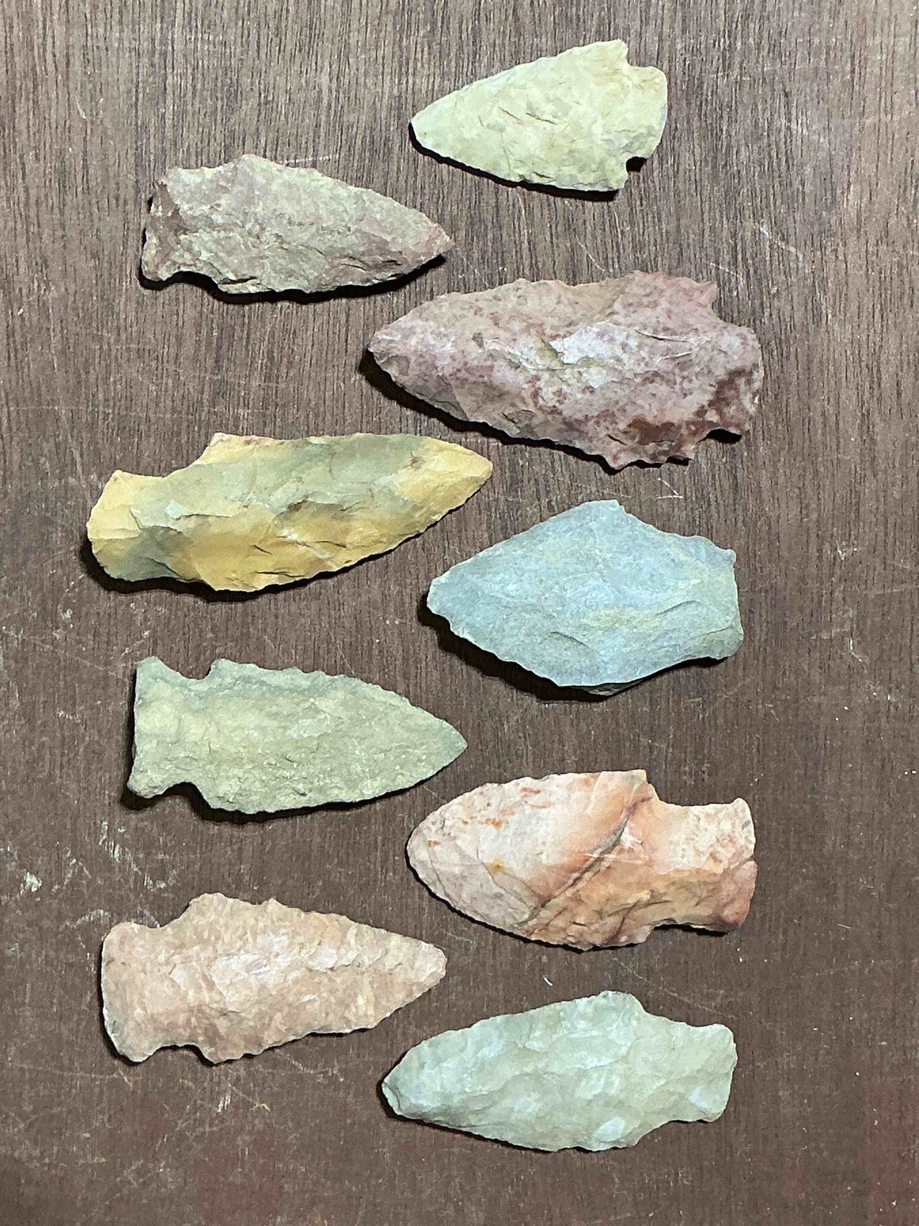 Condition photo showing Good Condition for Authentic Ancient Arrowheads! Genuine Indian Arrowheads Collected From Native American Indian Sites Primarily In Northern Alabama! Arrowheads Most Likely From The Chickasaw & Cherokee Tribes Native To Southeast America! Own Genuine, Authentic, Native American Arrowheads! (Dime Used In Picture For Size Reference Only, Not Included)