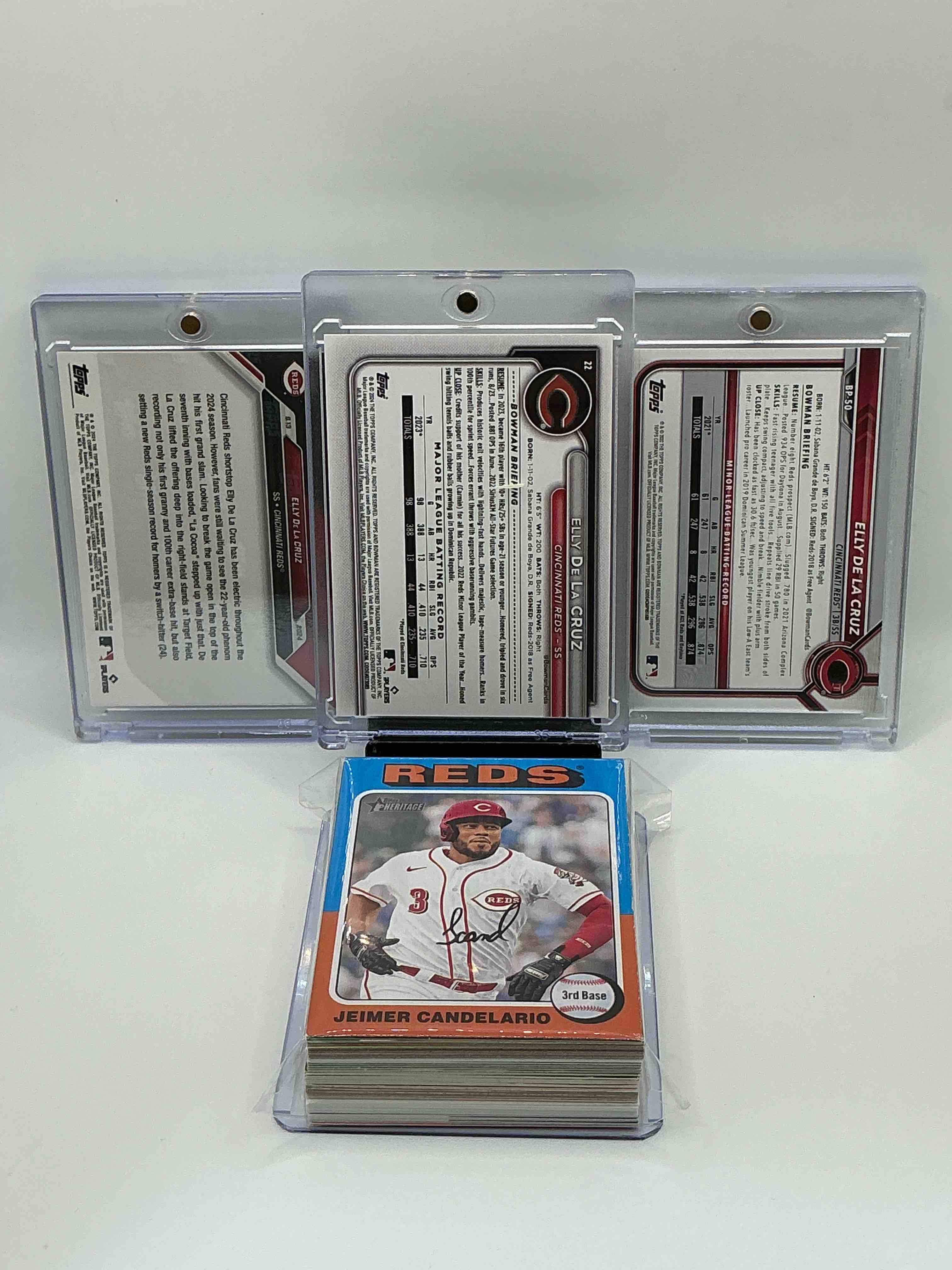 Condition photo showing New/Like New for Reds Rambunctiousness! 2024 Bowman Red & Black Elly De La Cruz Rookie, 2024 Topps Now Grand Slam Elly De La Cruz Rookie, 2022 Bowman 1st Prospects Elly De La Cruz! Along With 50 Other Reds Heroes, Legends, Rookies & Commons!