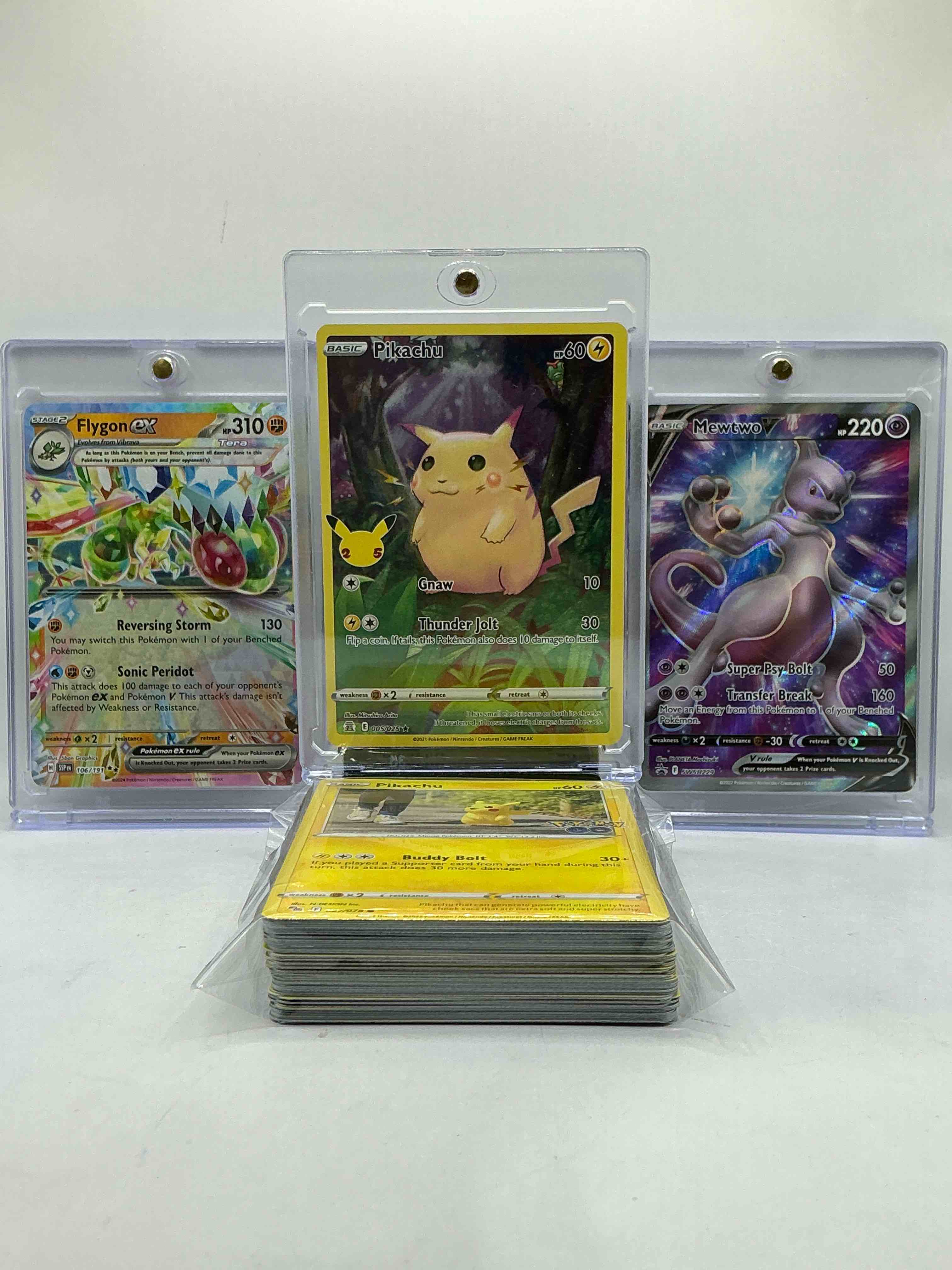 Pikachu Holo Thunder Jolt, Mewtwo V Holo, Flygon EX Reversing Storm & More! Insane 50 Card Lot! Commons, Holos, Legends, Heroes & More!