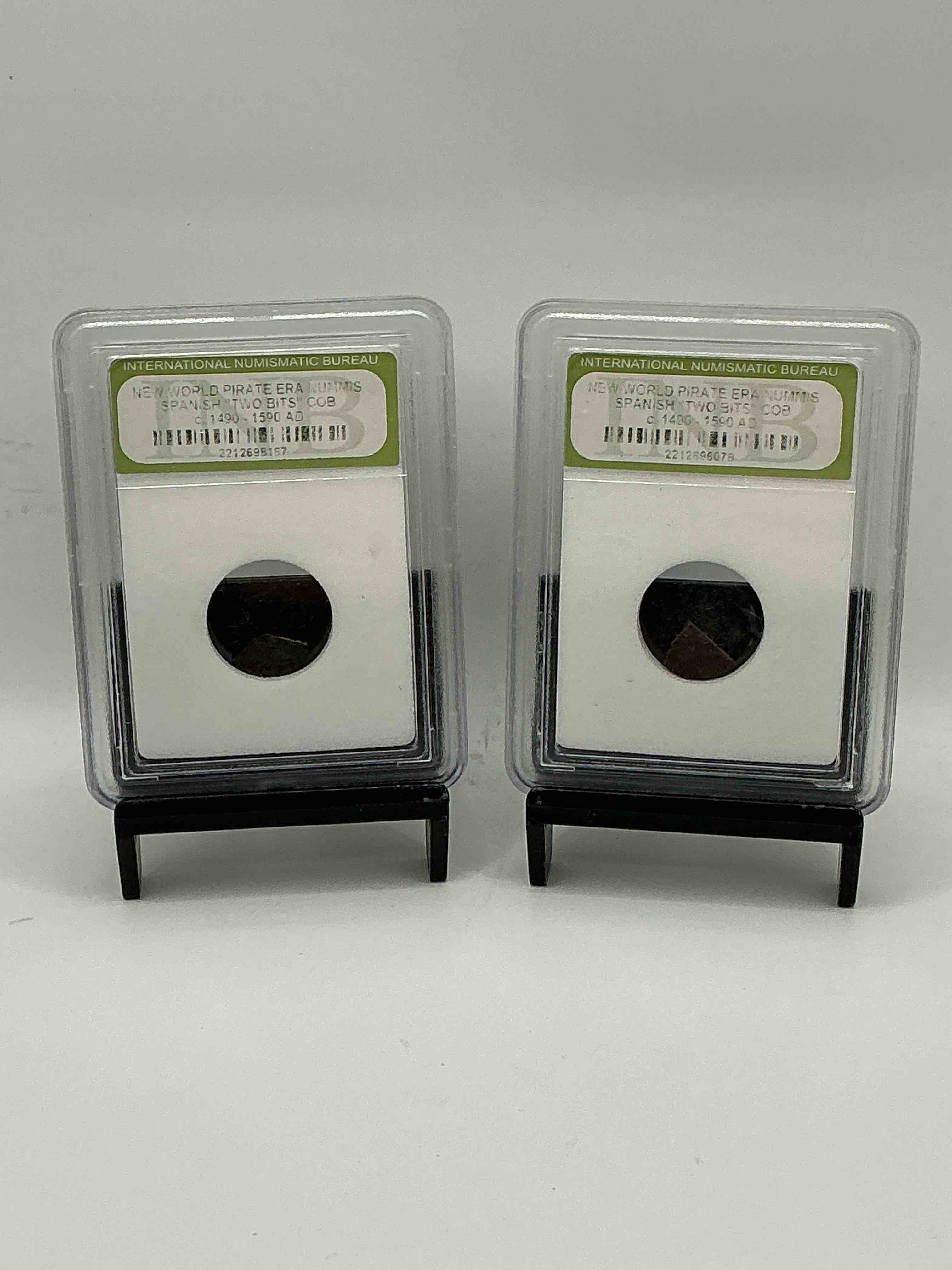 Pirate Era Spanish "Two Bits" Coin, Authentic! Circa 1490-1590, 400 To 500 Years Old! These Copper "Two Bit" Pieces Were Hand Cut Off Larger Coins In The Golden Pirate Age To Create Smaller Denominations. A Genuine Piece Of Cool History! A Great Authentic Pirate Era Collectible Encased In INB Slab!