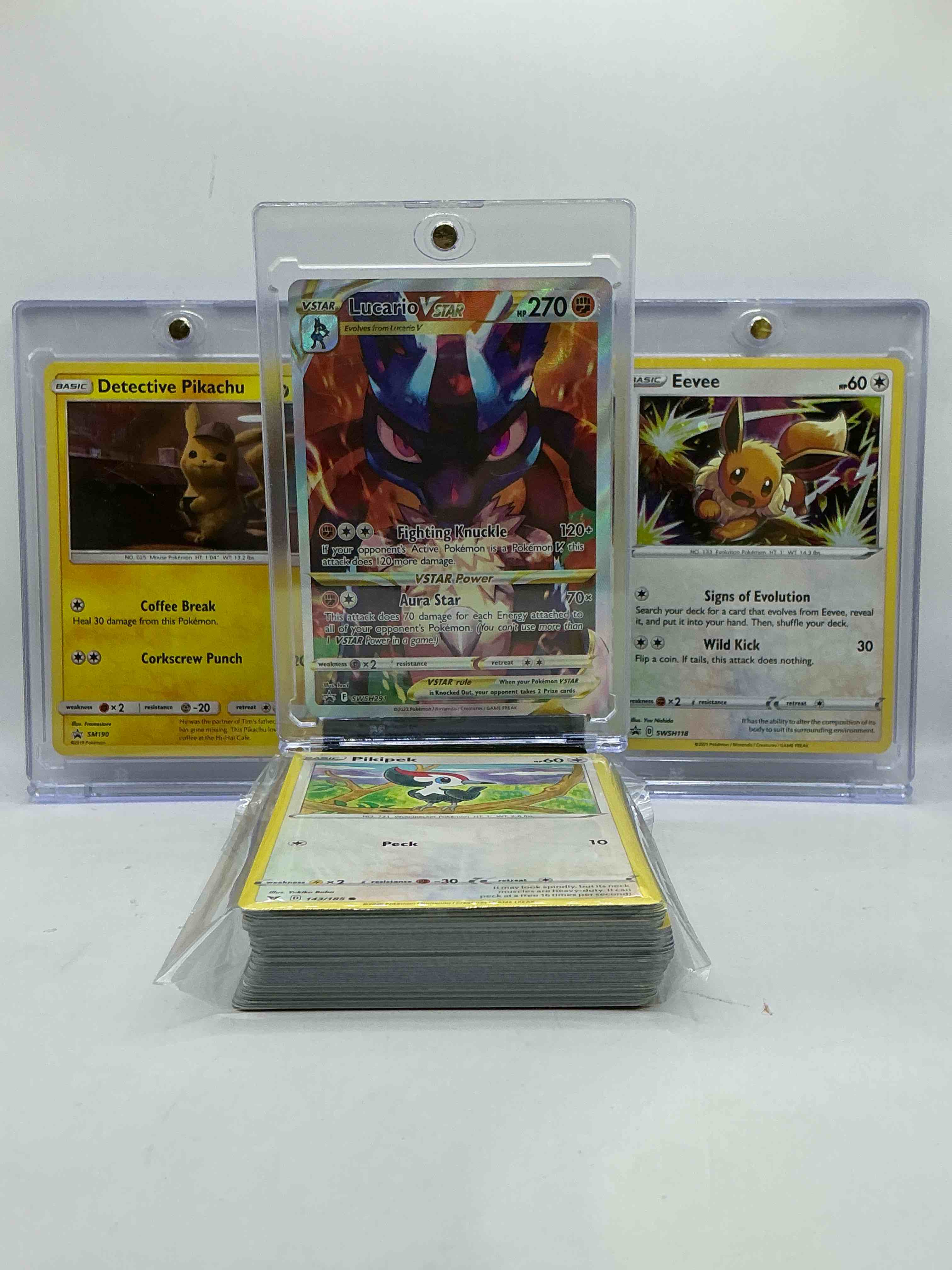Lucario VSTAR Holo Fighting Knuckle, Eevee Sign Of Evolution Holo & Pikachu Detective Holo! Insane Trio! Pokemon Palooooza! This 50 Card Lot Includes Commons, Heroes, Holos, Legends & More! WOW!