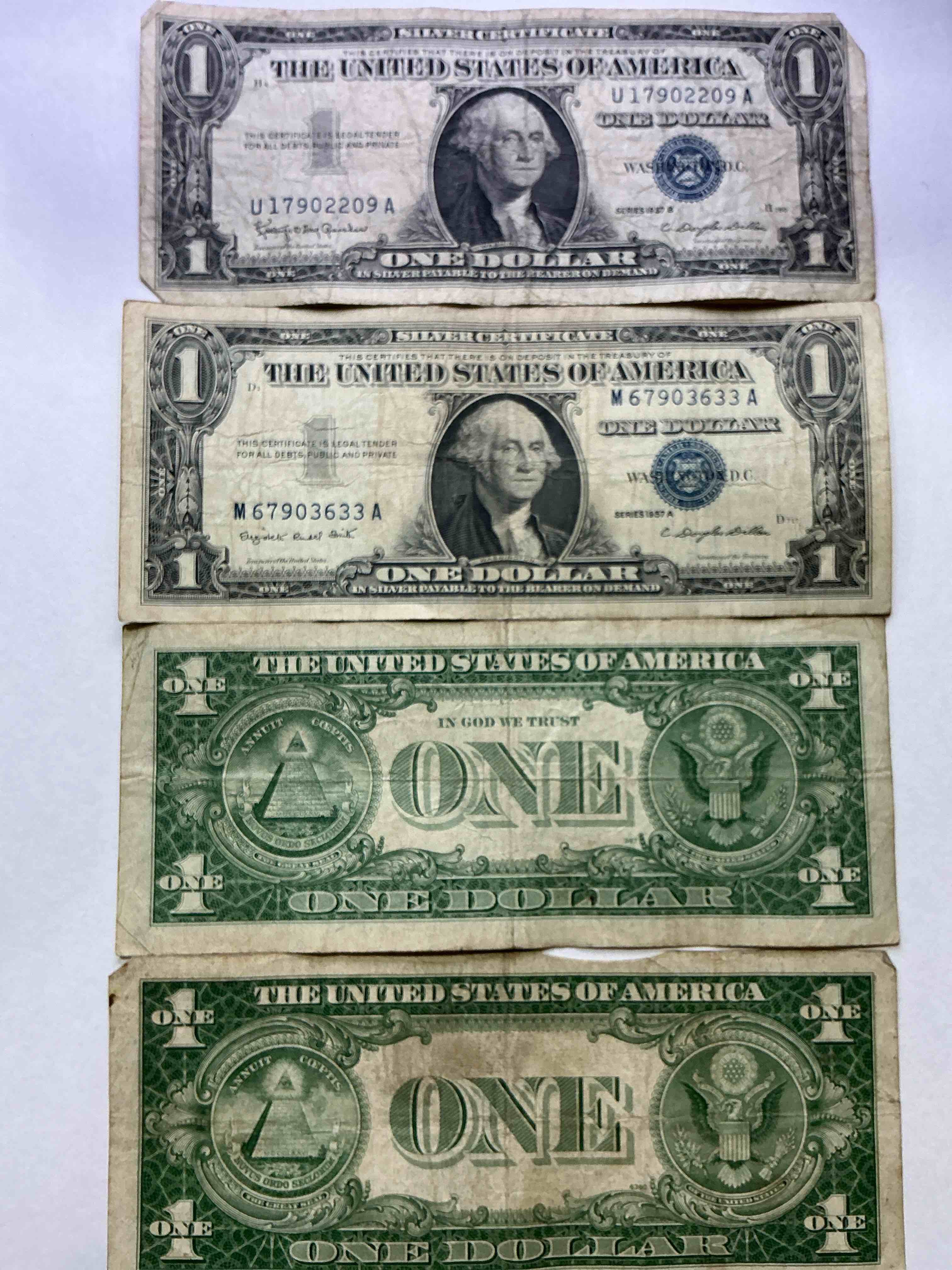 1957 & 1935 Silver Certificates! Did You Know That Prior To 1964 One Dollar U.S. Paper Money Was Actually Redeemable For Silver Dollars?! Wow How Times Have Changed! Silver Certificates Were Produced From 1878 To 1964 & Are Still Considered Legal Tender At Face Value. Here Are Gorgeous, Circulated 1935 & 1957 U.S. One Dollar Silver Certificate, With Highly Collectible "Blue Seal!* Own An Awesome Piece Of History!