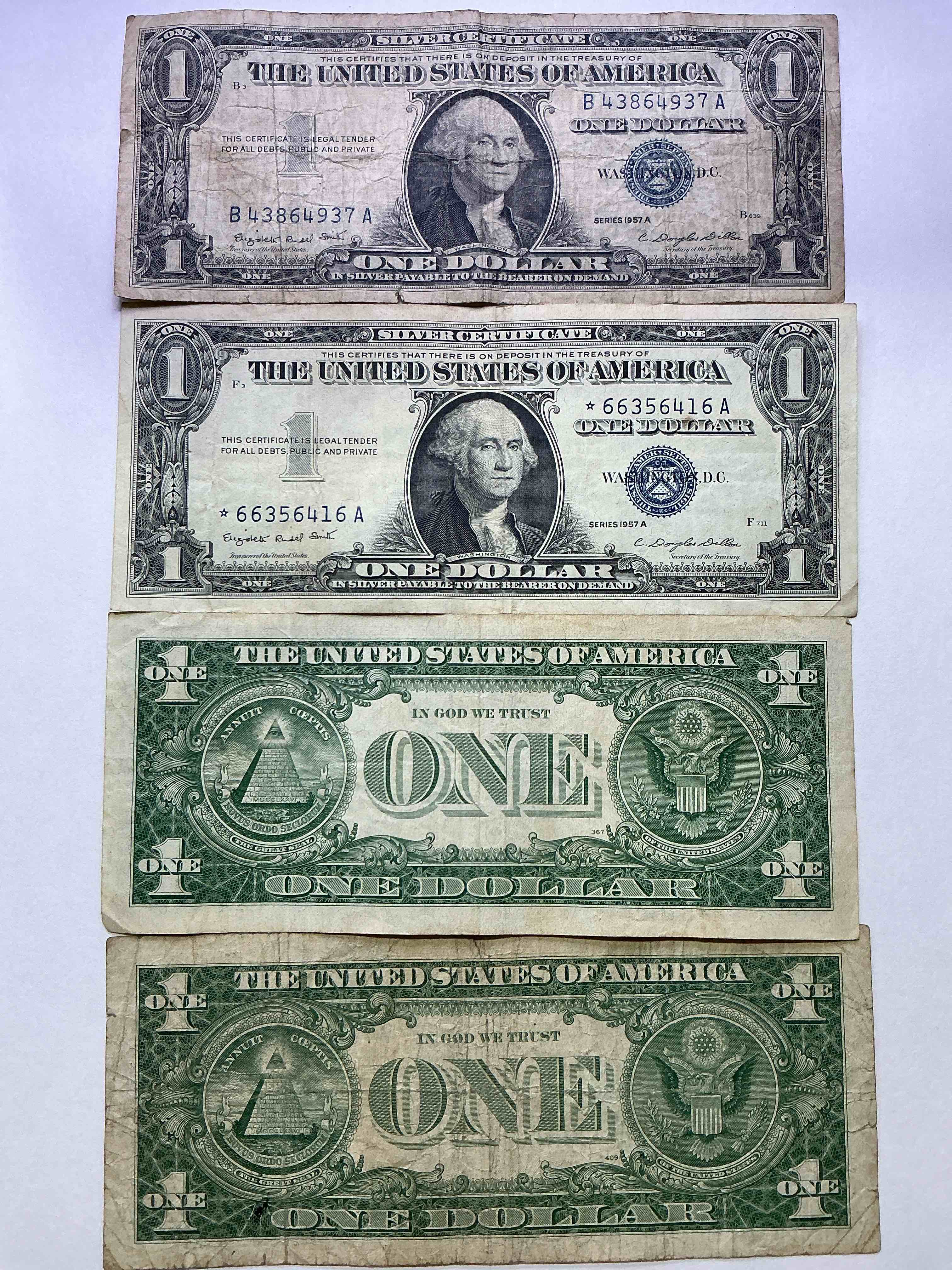 1957 Series Silver Certificates! Did You Know That Prior To 1964 One Dollar U.S. Paper Money Was Actually Redeemable For Silver Dollars?! Wow How Times Have Changed! Silver Certificates Were Produced From 1878 To 1964 & Are Still Considered Legal Tender At Face Value. Here Are Gorgeous, Circulated 1957 U.S. One Dollar Silver Certificate, With Highly Collectible "Blue Seal!* Own An Awesome Piece Of History!