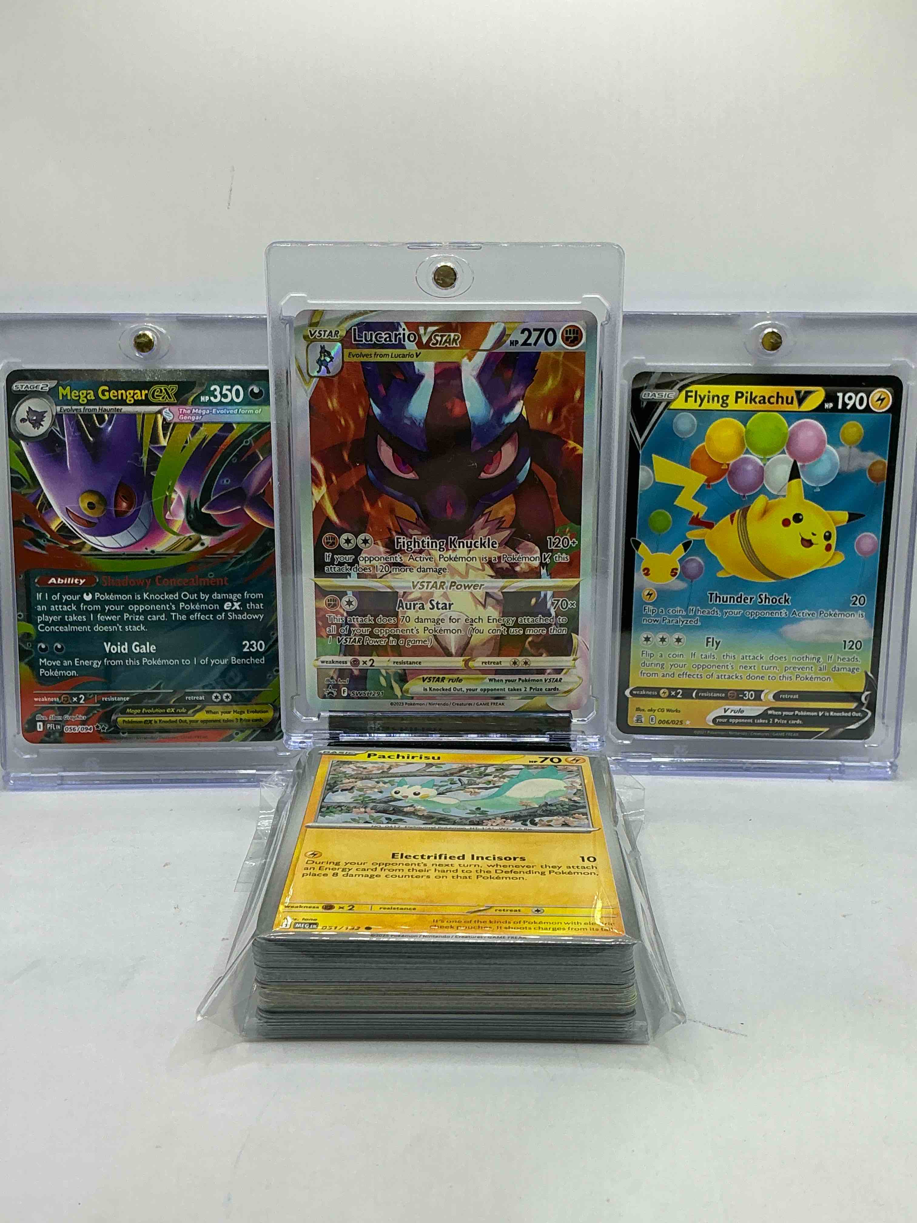 Lucario VSTAR Holograph Craziness! Lucario Aura Star, Mega Gengar EX Holo, Flying Pikachu V & More! WOW! Insane 50 Card Lot, Includes Commons, Holos, Legends, Heroes & More! Awesome Pokemon Party!