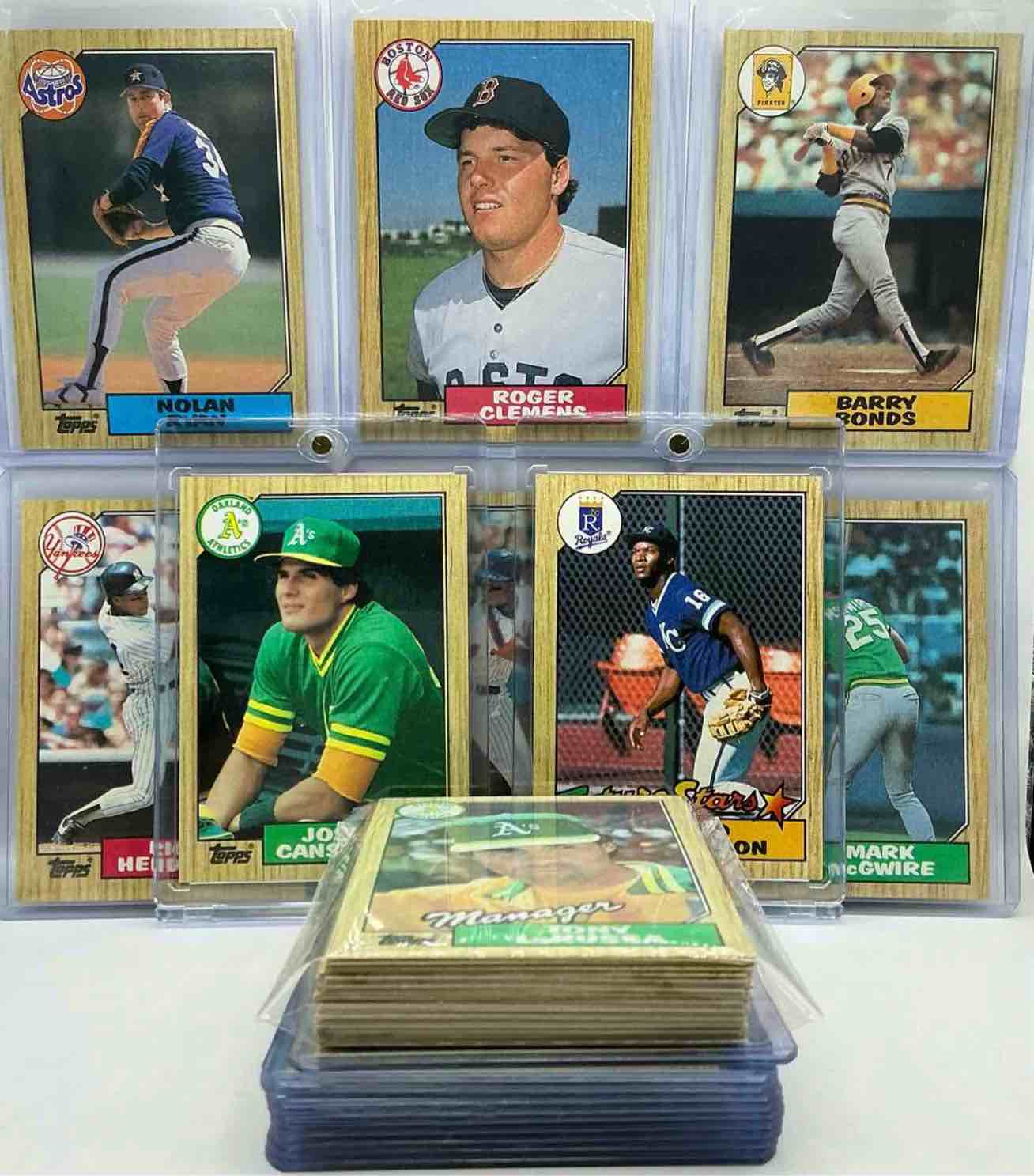 jose canseco, bo jackson & barry bonds rookies! 1987 topps baseball 50 card craziness! bo jackson, barry bonds, kirby puckett, tom glavine, rickey henderson, don mattingly, cal ripken, wade boggs, doc gooden, fernando valenzuela, nolan ryan, roger clemens, george brett, tony gwynn & more! the best players from the time! super rare set with all of these stars! 50 card craziness! legends, heroes & commons!