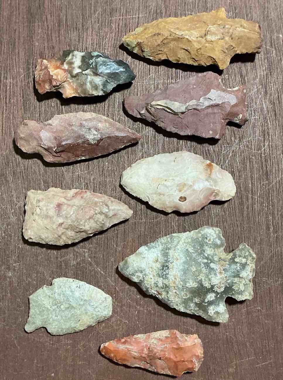 authentic ancient arrowheads! genuine indian arrowheads collected from native american indian sites primarily in northern alabama! arrowheads most likely from the chickasaw & cherokee tribes native to southeast america! own genuine, authentic, native american arrowheads! (dime used in picture for size reference only, not included)