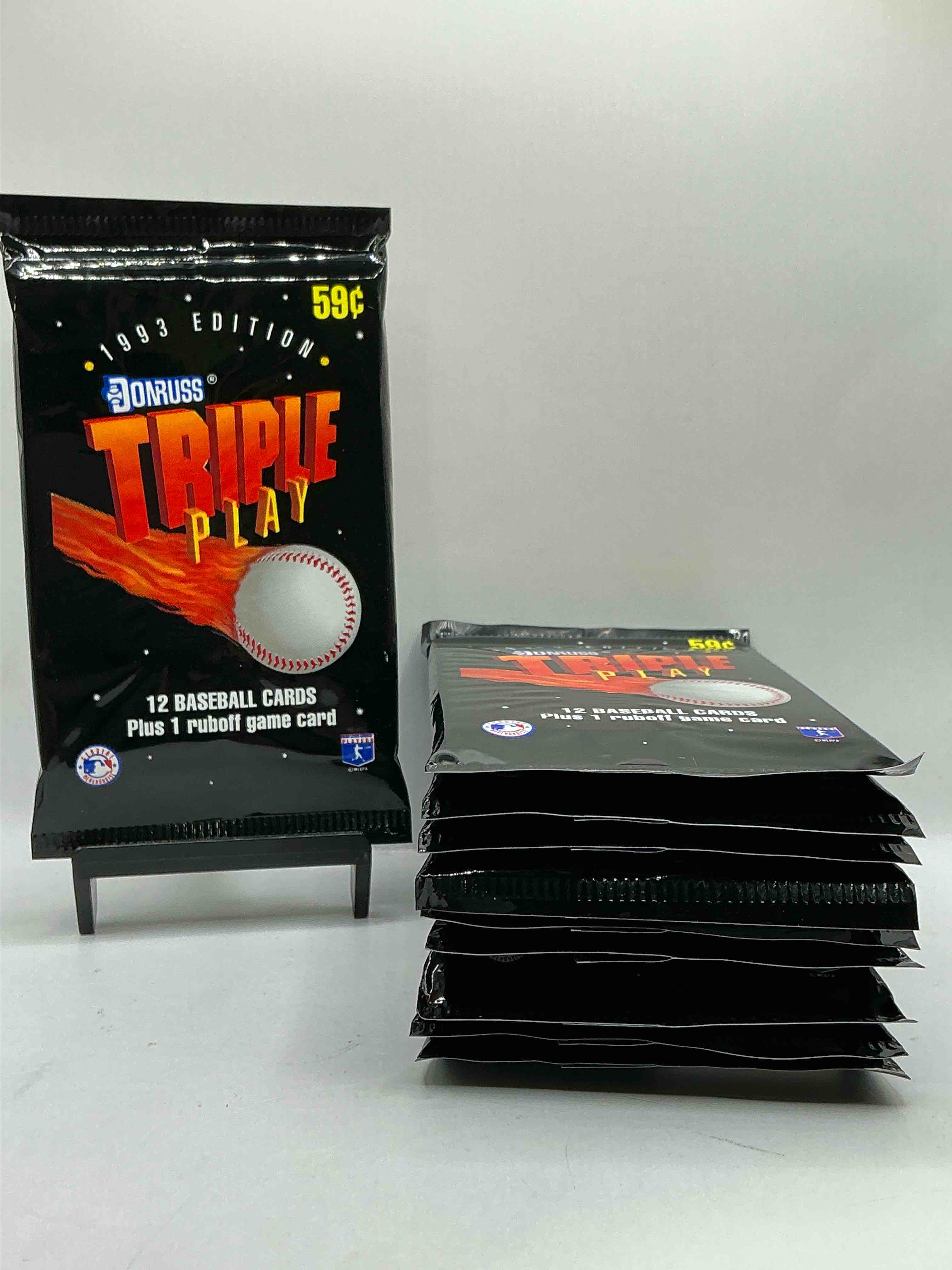 1993 donruss triple play mlb baseball card packs! look for randomly inserted gallery of the stars cards, awesome action, little hotshots & rub off game cards!along with griffey jr, mcgwire, ryan & more! rare packs!