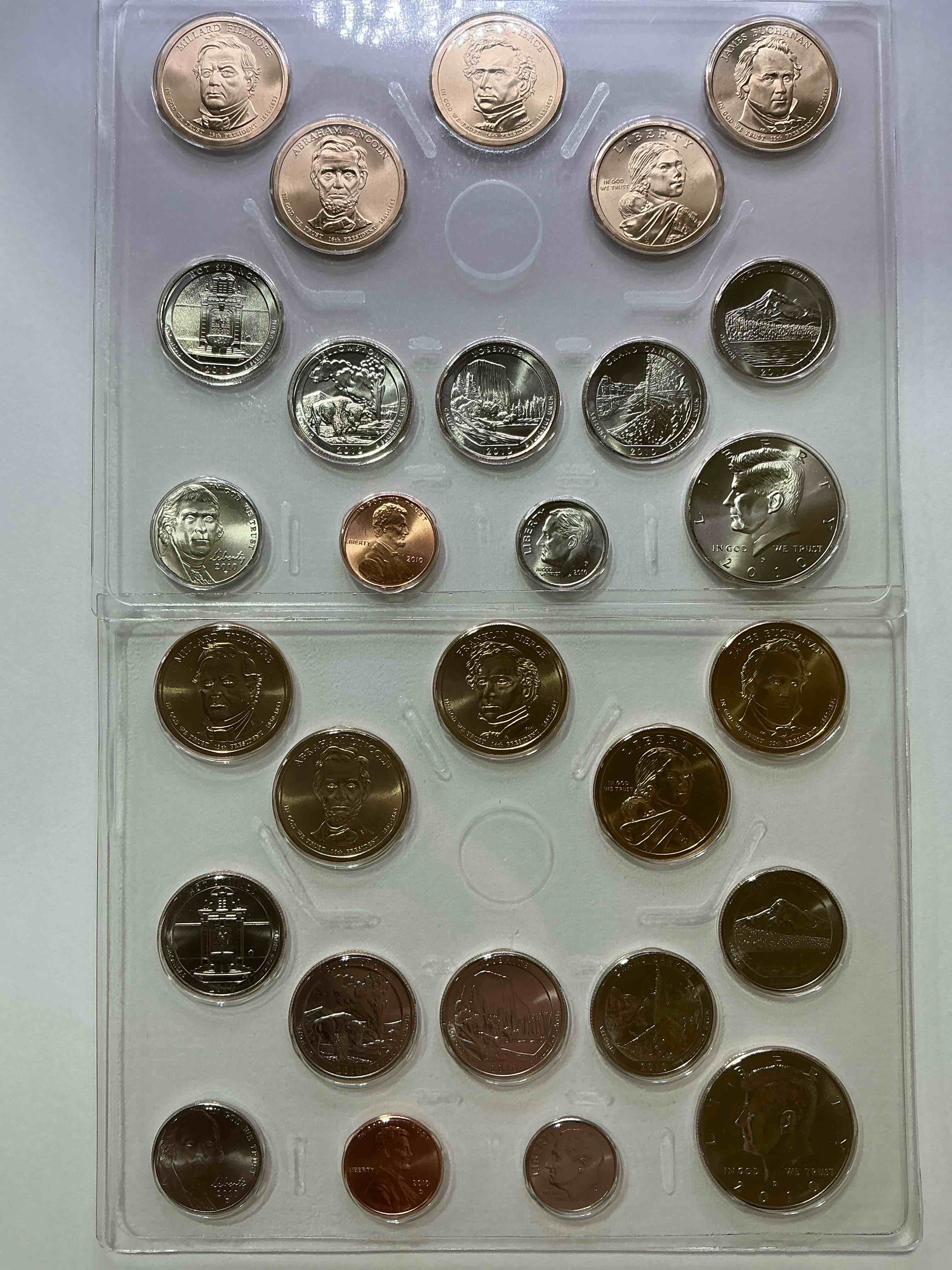2010 uncirculated mint coins! 28 coin lot, with multiple dollar coins, half dollars, quarters, dimes, nickels & pennies! wow!