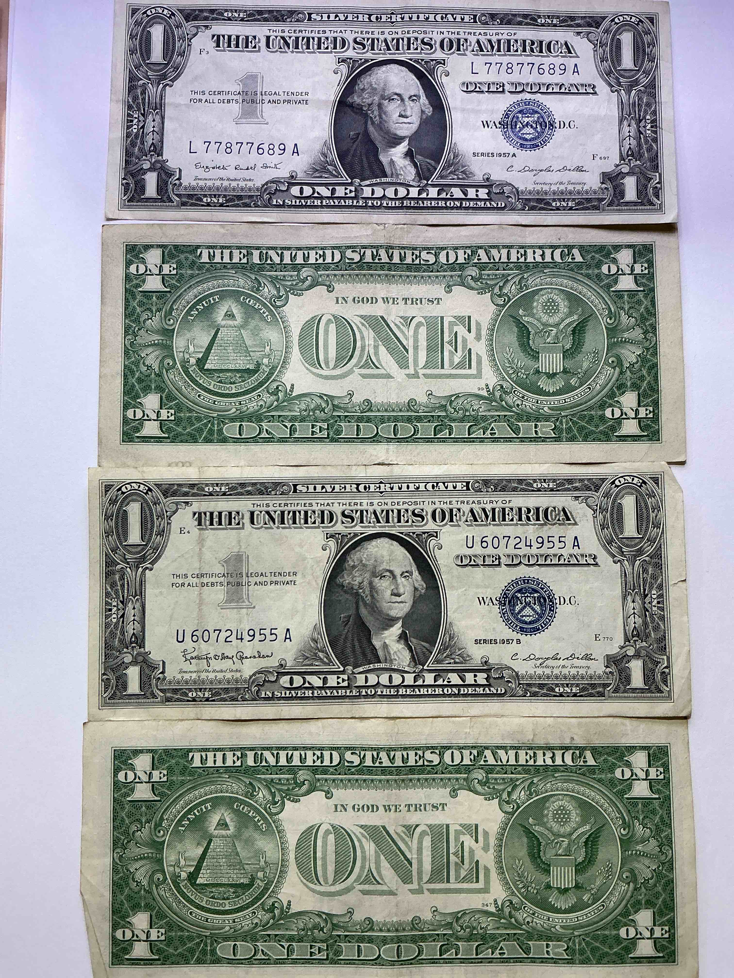 1957 Series Silver Certificates! Did You Know That Prior To 1964 One Dollar U.S. Paper Money Was Actually Redeemable For Silver Dollars?! Wow How Times Have Changed! Silver Certificates Were Produced From 1878 To 1964 & Are Still Considered Legal Tender At Face Value. Here Are Gorgeous, Circulated 1957 U.S. One Dollar Silver Certificate, With Highly Collectible "Blue Seal!* Own An Awesome Piece Of History!