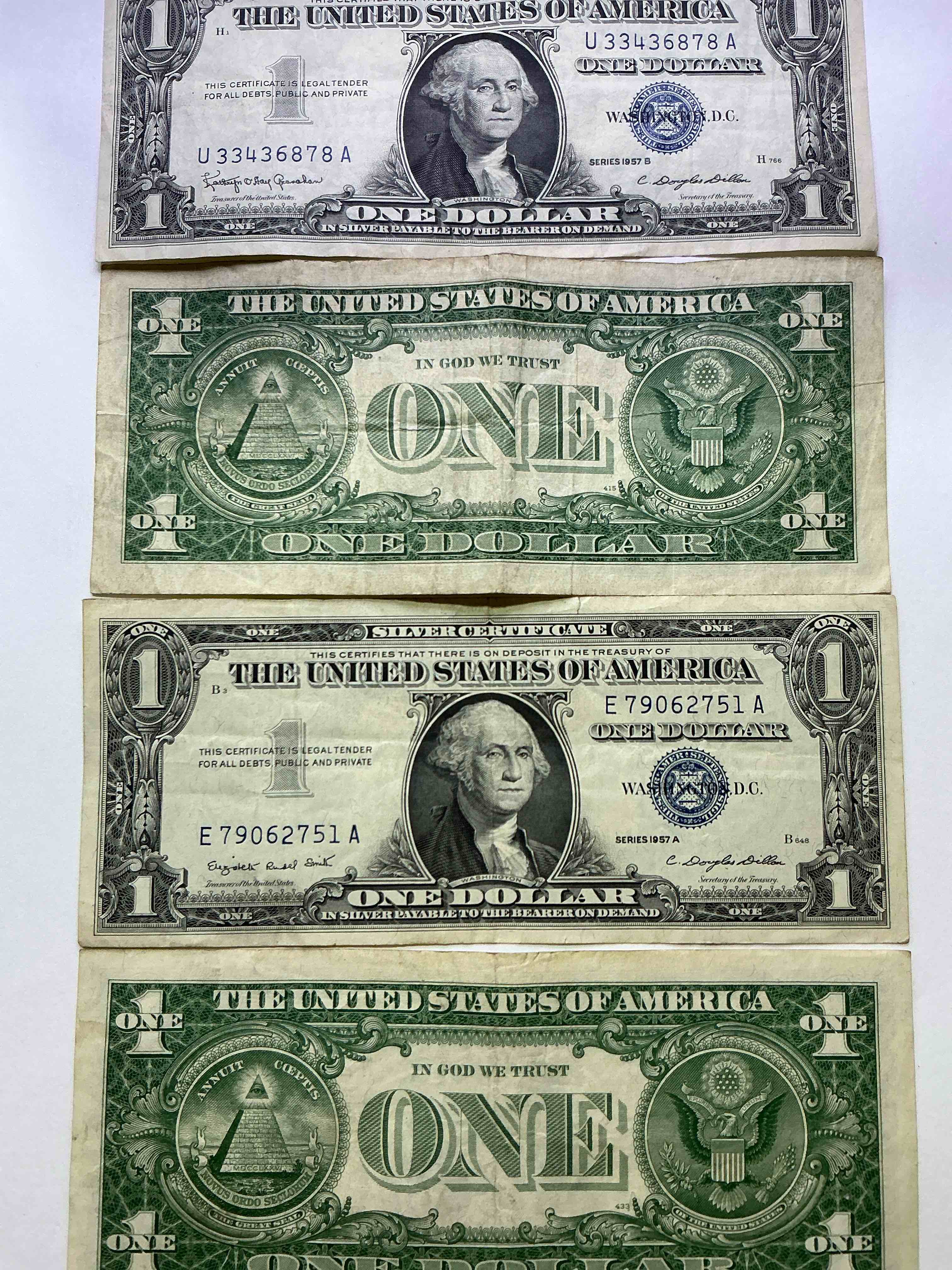 1957 Series Silver Certificates! Did You Know That Prior To 1964 One Dollar U.S. Paper Money Was Actually Redeemable For Silver Dollars?! Wow How Times Have Changed! Silver Certificates Were Produced From 1878 To 1964 & Are Still Considered Legal Tender At Face Value. Here Are Gorgeous, Circulated 1957 U.S. One Dollar Silver Certificate, With Highly Collectible "Blue Seal!* Own An Awesome Piece Of History!