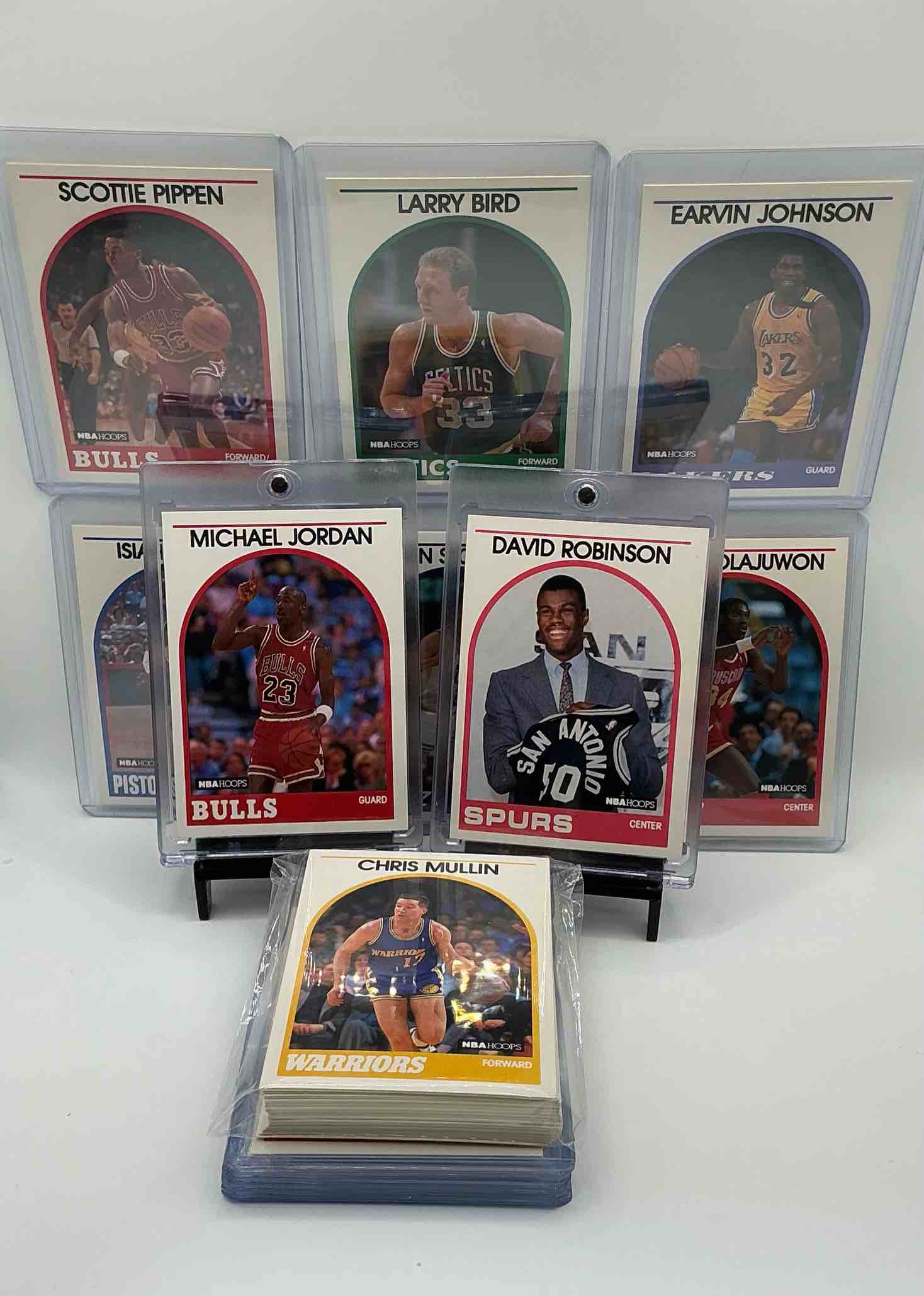 michael jordan! 1989 nba hoops 50 card basketball! the best cards from the year! michael jordan, larry bird, scottie pippen, david robinson rookie, charles barkley, akeem olajuwon, karl malone, clyde drexler & more! all stars, hall of famers, champions & more, the perfect mix of miscellaneous '90 nba variety!