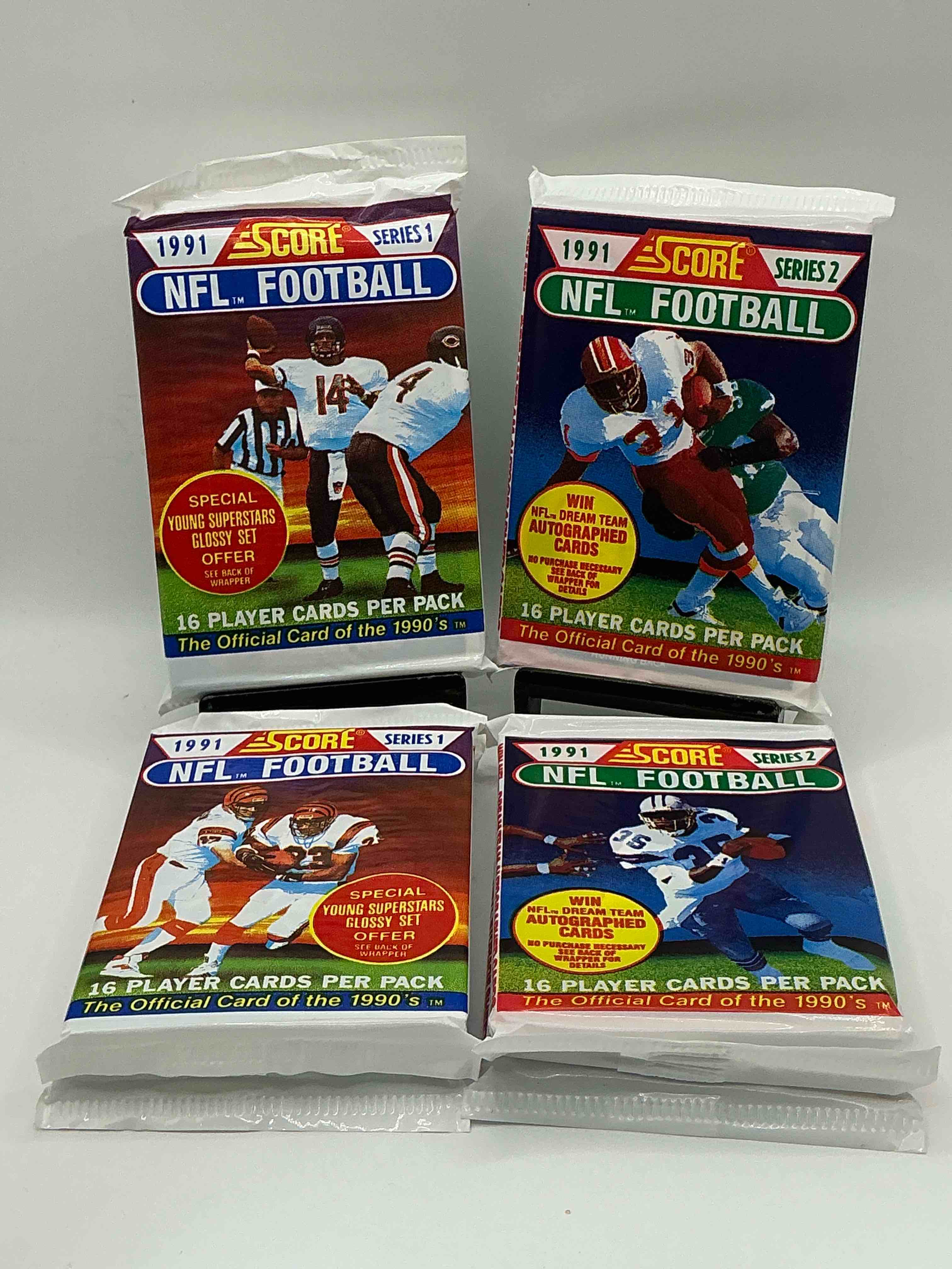 1991 NFL Score Football Sealed Card Packs Series I & II, Direct From Original Retail Case! These Cards Are Sought After By Collectors For Their Awesome, Nostalgic Look. Search For Brett Favre Rookie, Early Jerry Rice, Early Emmit Smith, Joe Montana & So Much More!