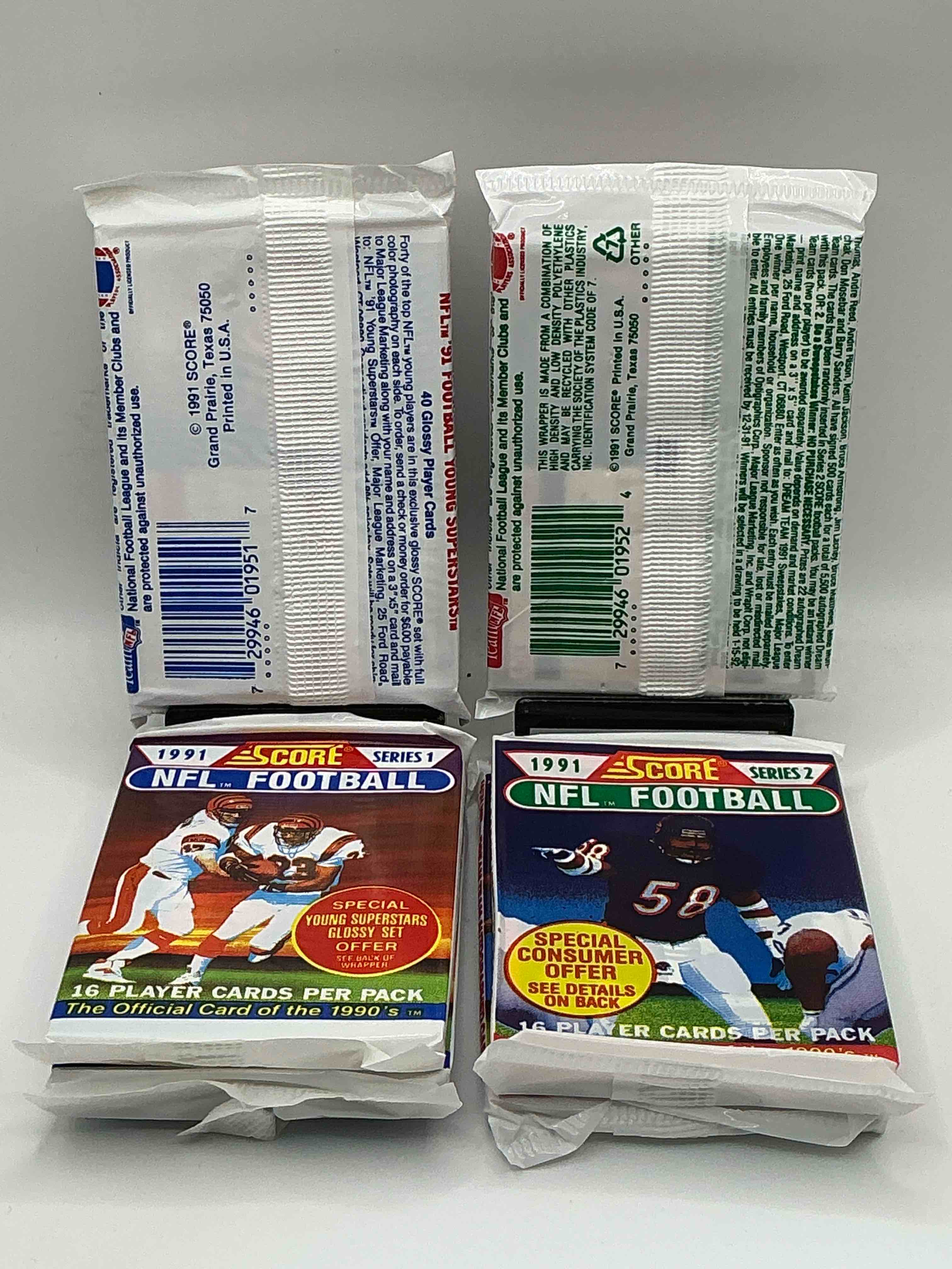 Condition photo showing New/Like New for 1991 NFL Score Football Sealed Card Packs Series I & II, Direct From Original Retail Case! These Cards Are Sought After By Collectors For Their Awesome, Nostalgic Look. Search For Brett Favre Rookie, Early Jerry Rice, Early Emmit Smith, Joe Montana & So Much More!