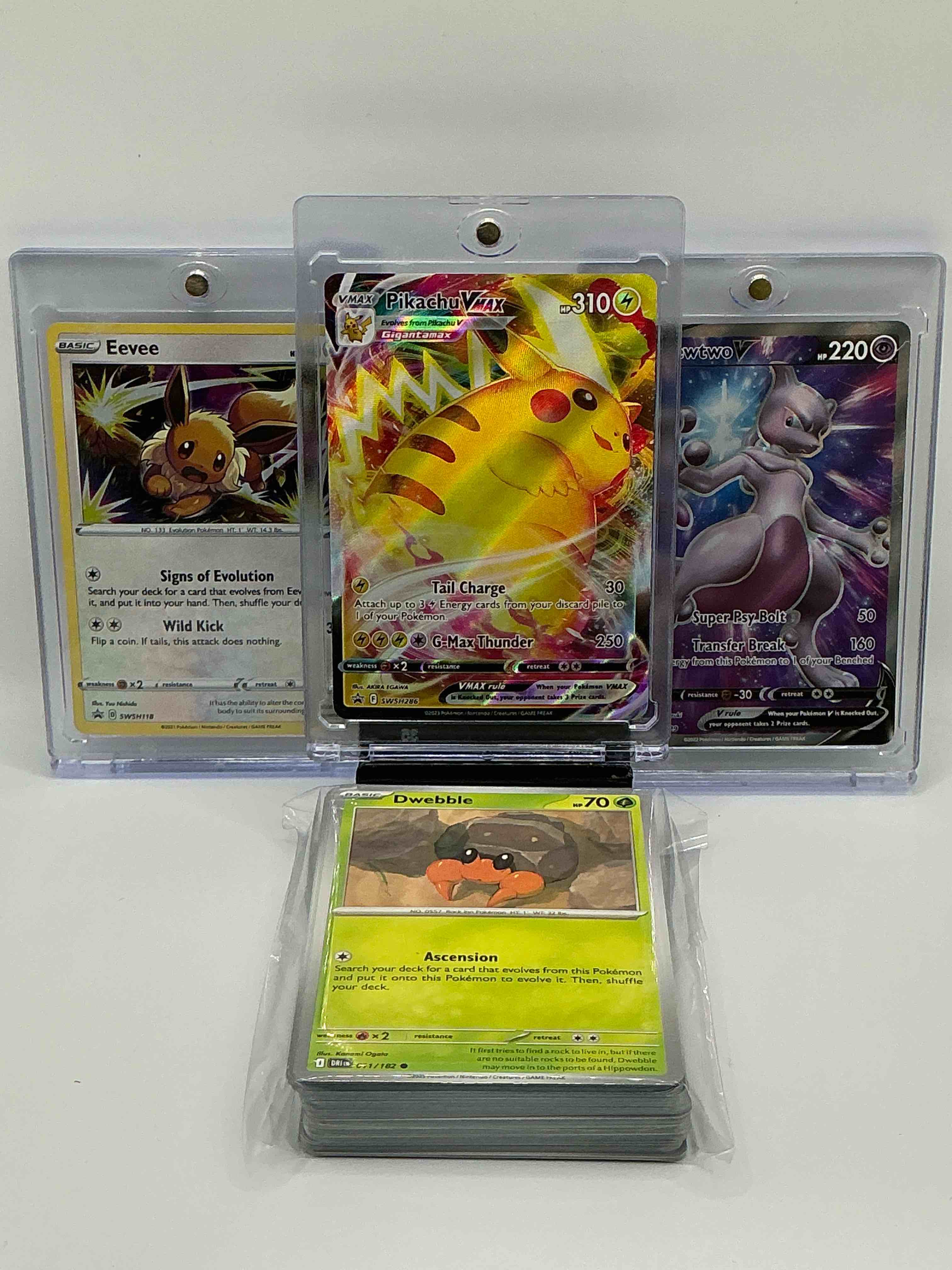 Pokémon Palooza! Pink & Yellow Swirl Tail Charge G-Max Thunder Pikachu VMax, Silver & Purple Blast Super Psy Bolt Transfer Break Mewtwo V, Yellow Sparkle Signs Of Evolution Wild Kick Eevee! Along With 50 Other Pokémon Heroes, Legends & Commons!