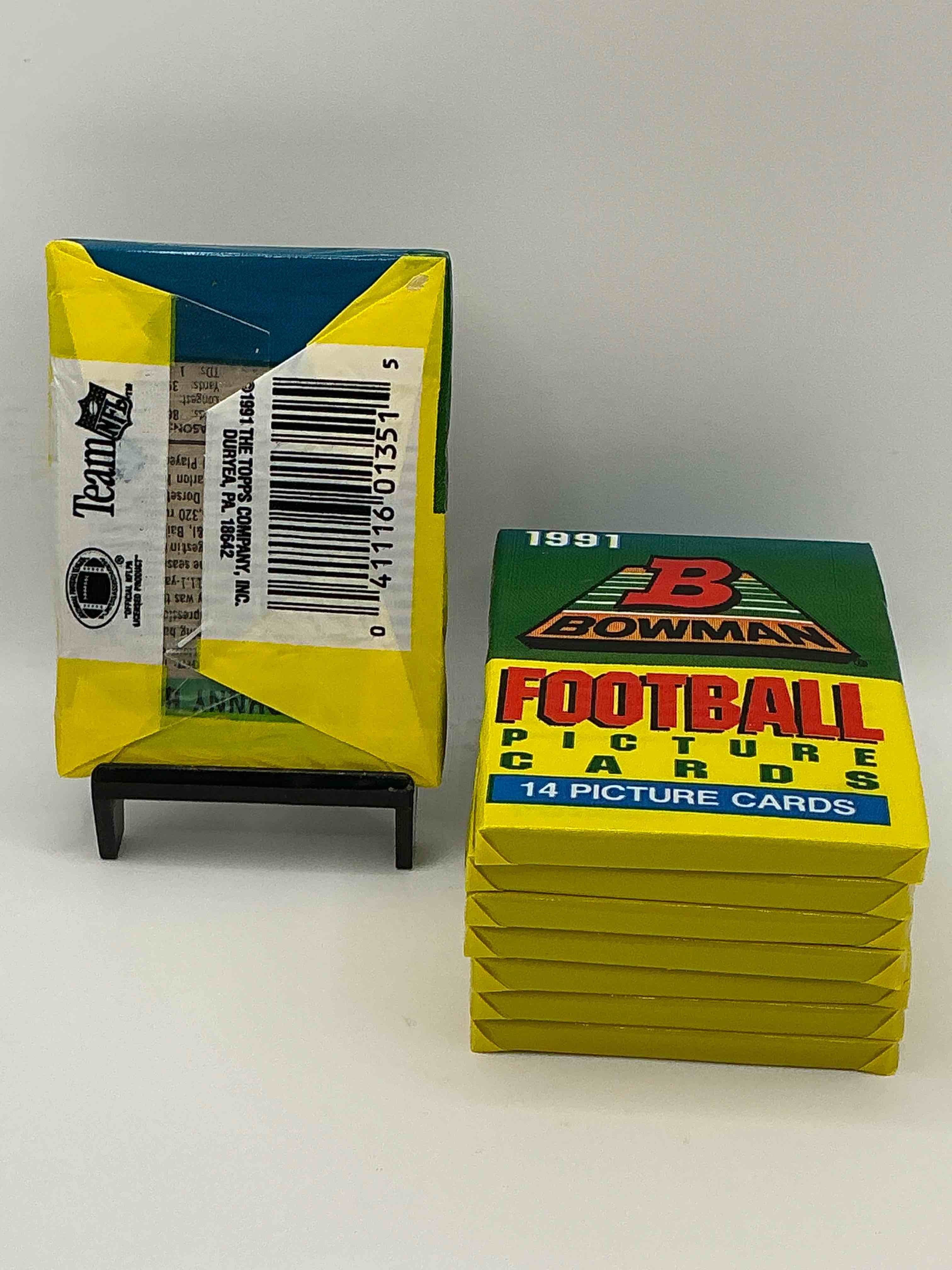 Condition photo showing New/Like New for 1991 Bowman Football Unopened Sports Card Packs Direct From Original Box! Search For Valuable Emmitt Smith Cards & Other Stars! Super Rare & Could Have Some Awesome Cards Inside! 