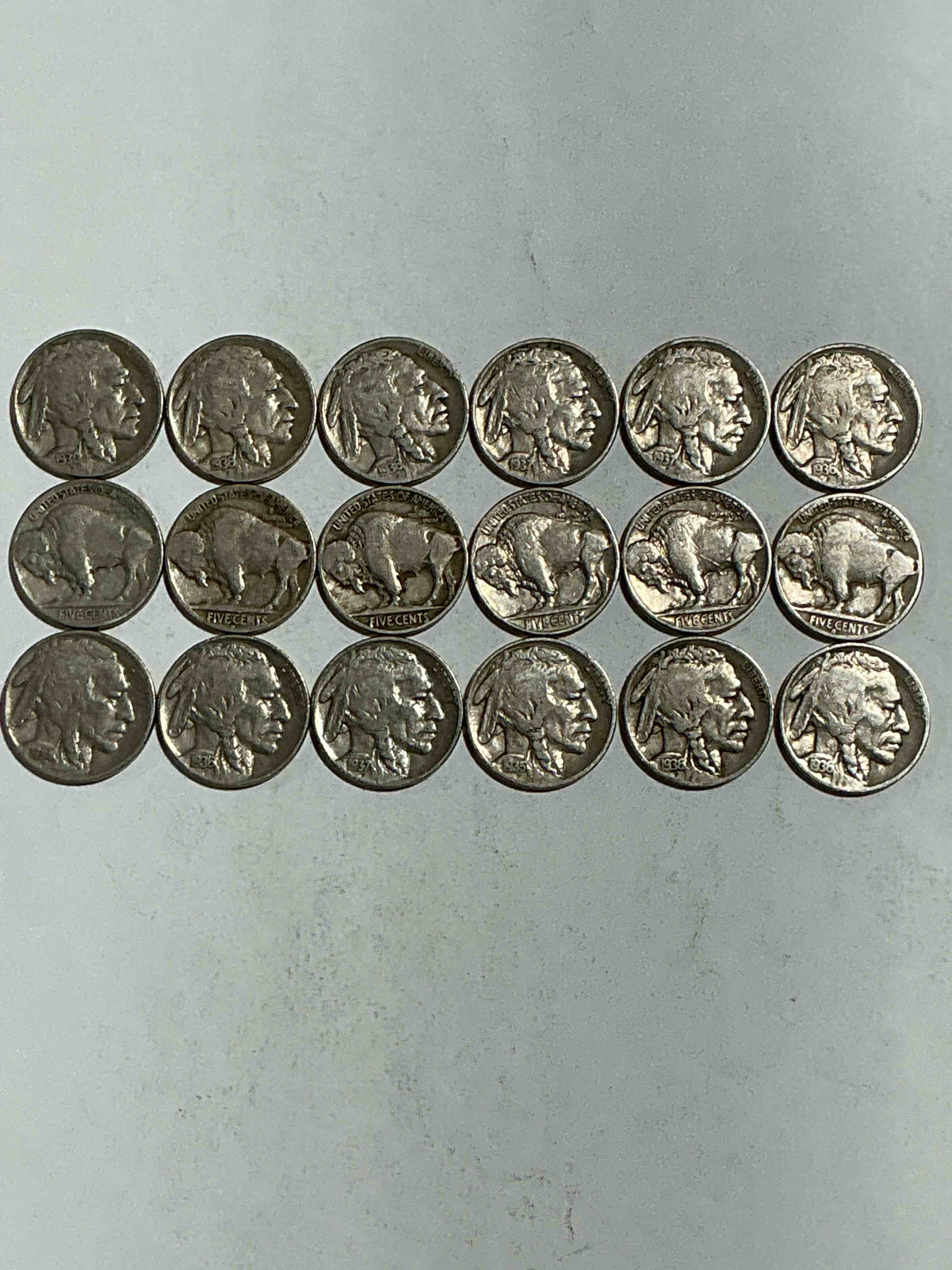 Condition photo showing Good Condition for Historic Buffalo Nickels! Indian Head Buffalo Nickels Were Minted From 1913 To 1938 & Have Become A Favorite For Coin Collectors Around The World! Own Pieces Of American History With These Cool Indian Head Buffalo Nickels In Circulated Condition, Most With Visible Dates Which Is Very Rare For Buffalo Nickels!