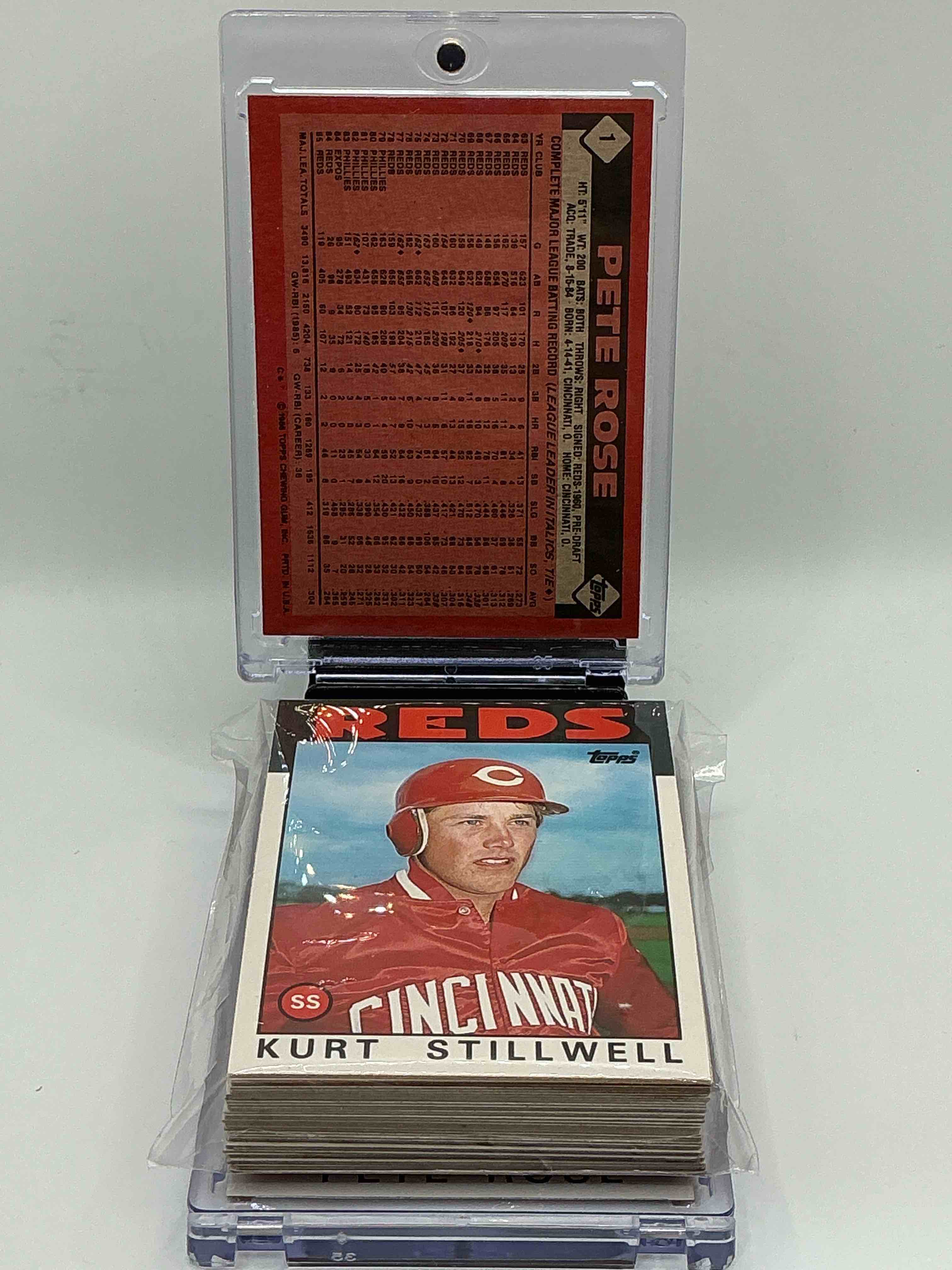 Condition photo showing New/Like New for 1986 Topps Baseball REDS Complete Set! 39 Card Reds Set, Including Pete Rose Card! Legends Like Pete Rose, Eric Davis, Barry Larkin & So Many More!