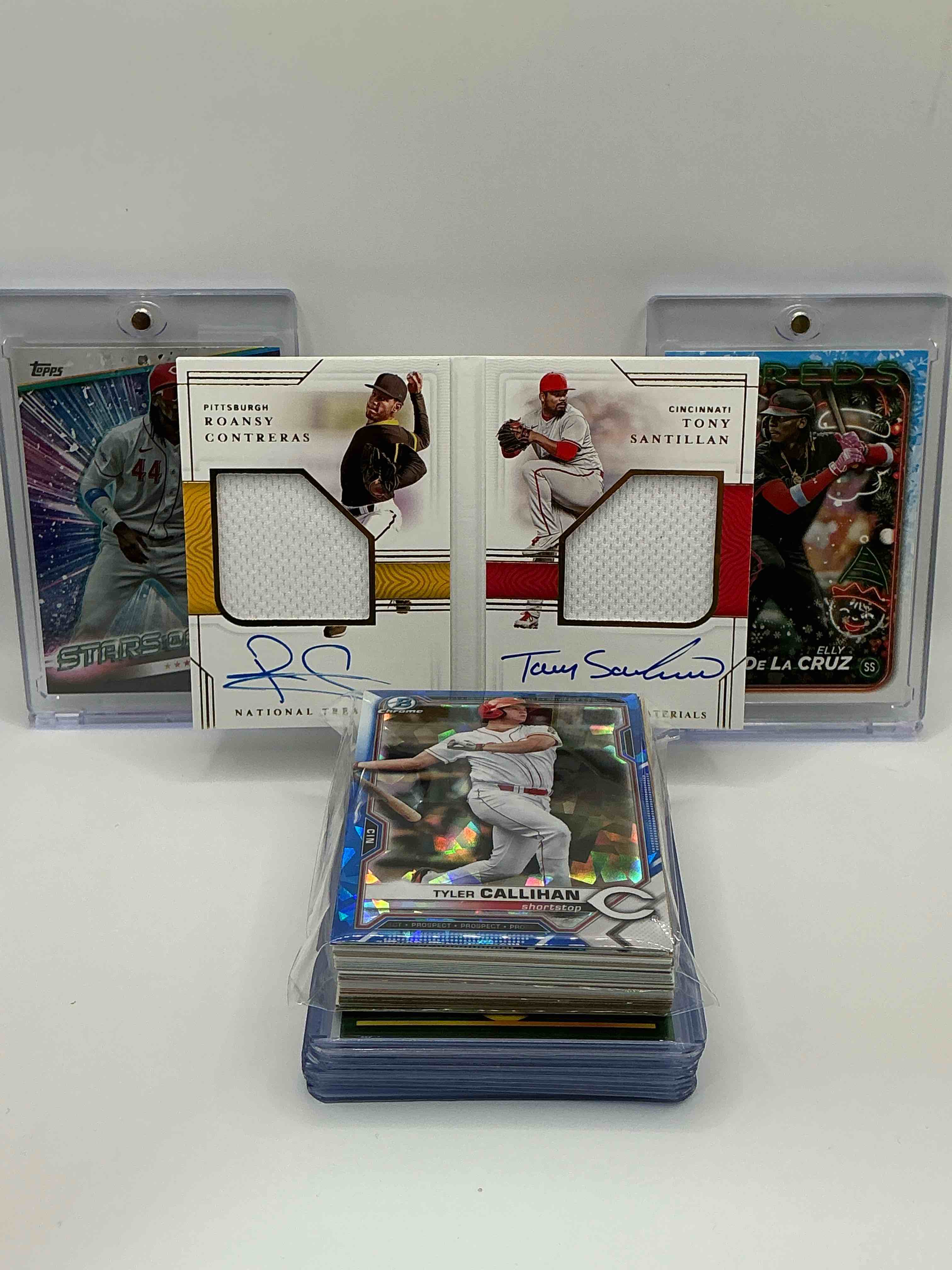 Reds Rambunctiousness! 2022 Rookie Dual Patch Auto Booklet Tony Santillan & Roansy Contreras, 2024 Topps Color-Blast Stars Of MLB Rookie Elly De La Cruz, 2024 Topps Christmas Rookie Elly De La Cruz! Along With 50 Other Reds Heroes, Rookies, Legends & Commons!