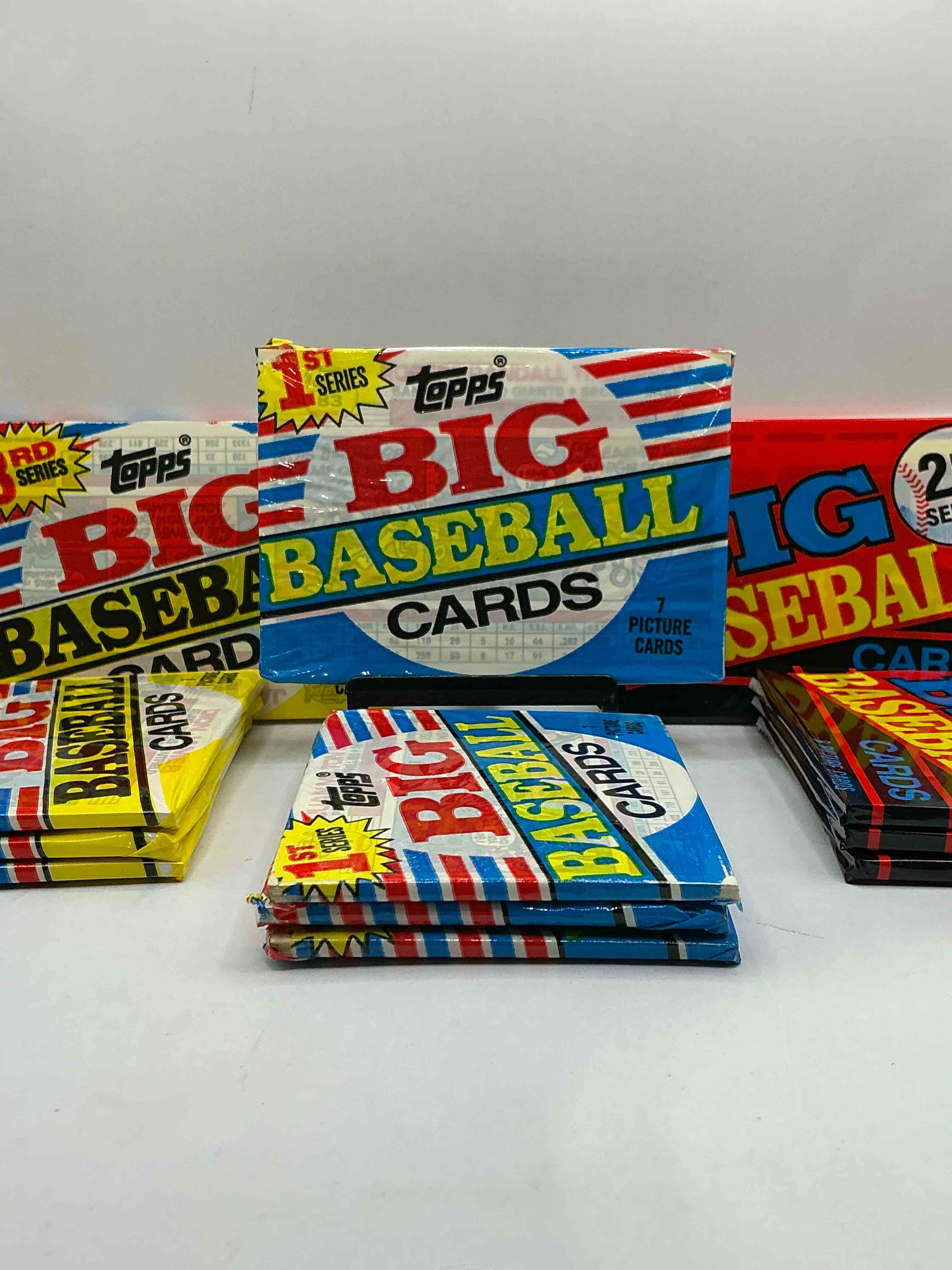 Condition photo showing New/Like New for Series One, Two & Three! 1989 Big Baseball! Here's Something For Nostalgia Fans! 1989 Topps Big Baseball Sealed Card Pack, 1st Series, Direct From Original Retail Case! 1989 Year Hard To Find! Search For Valuable Cards From Don Mattingly, Mark McGwire & Barry Bonds!