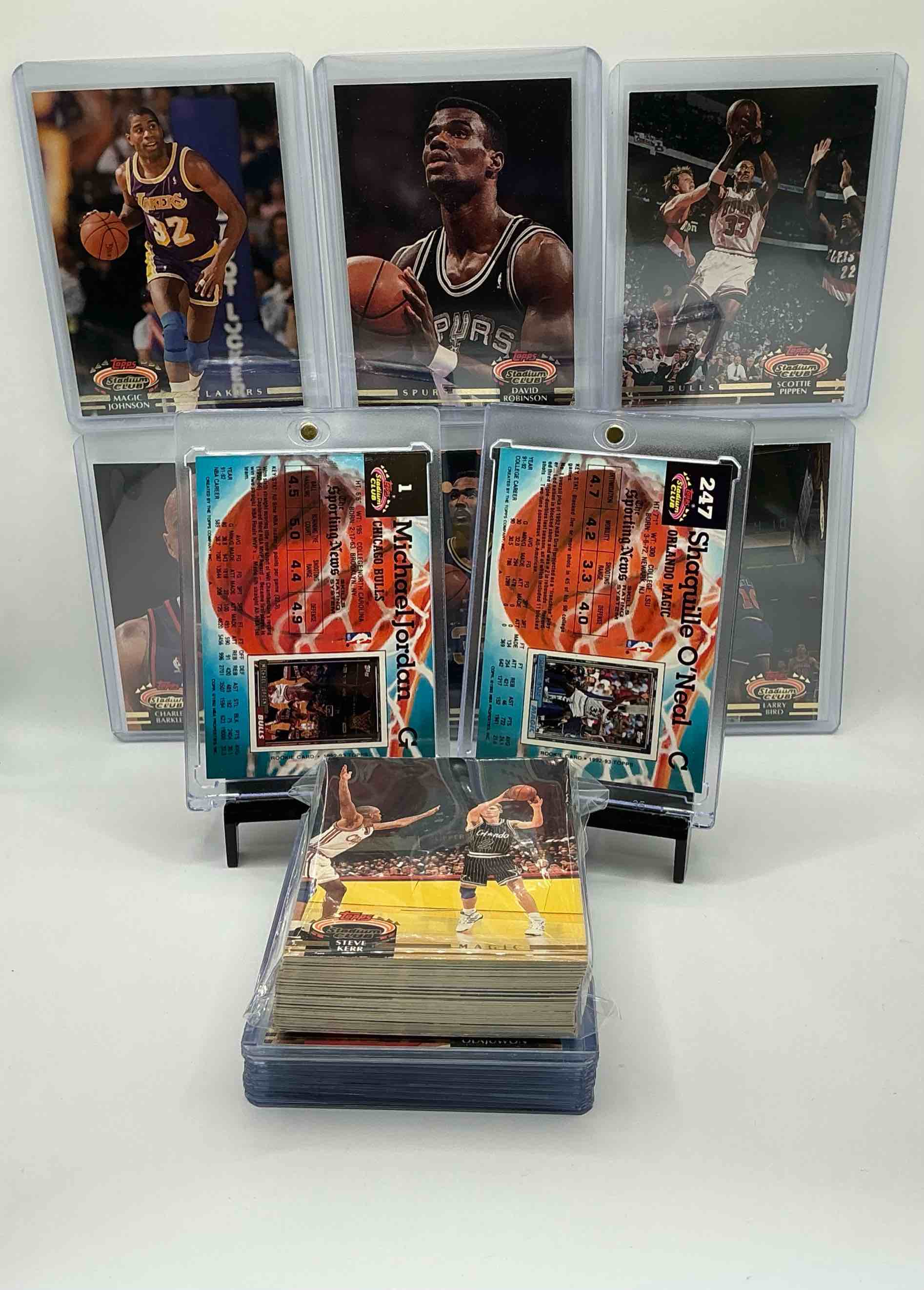 Condition photo showing New/Like New for Shaq Rookie! NBA Extravaganza! Michael Jordan! Shaq! & So Many More! 1992-93 Topps Stadium Club Basketball Cards 50 Card Lot, With All Stars, Hall Of Famers, Legends & More! Michael Jordan, Scottie Pippen, Clyde Drexler, Shaquille O’Neal, Hakeem The Dream, Charles Barkley, Karl Malone & So Many More! Bid On These Rare & Super Cool Vintage Basketball Cards!